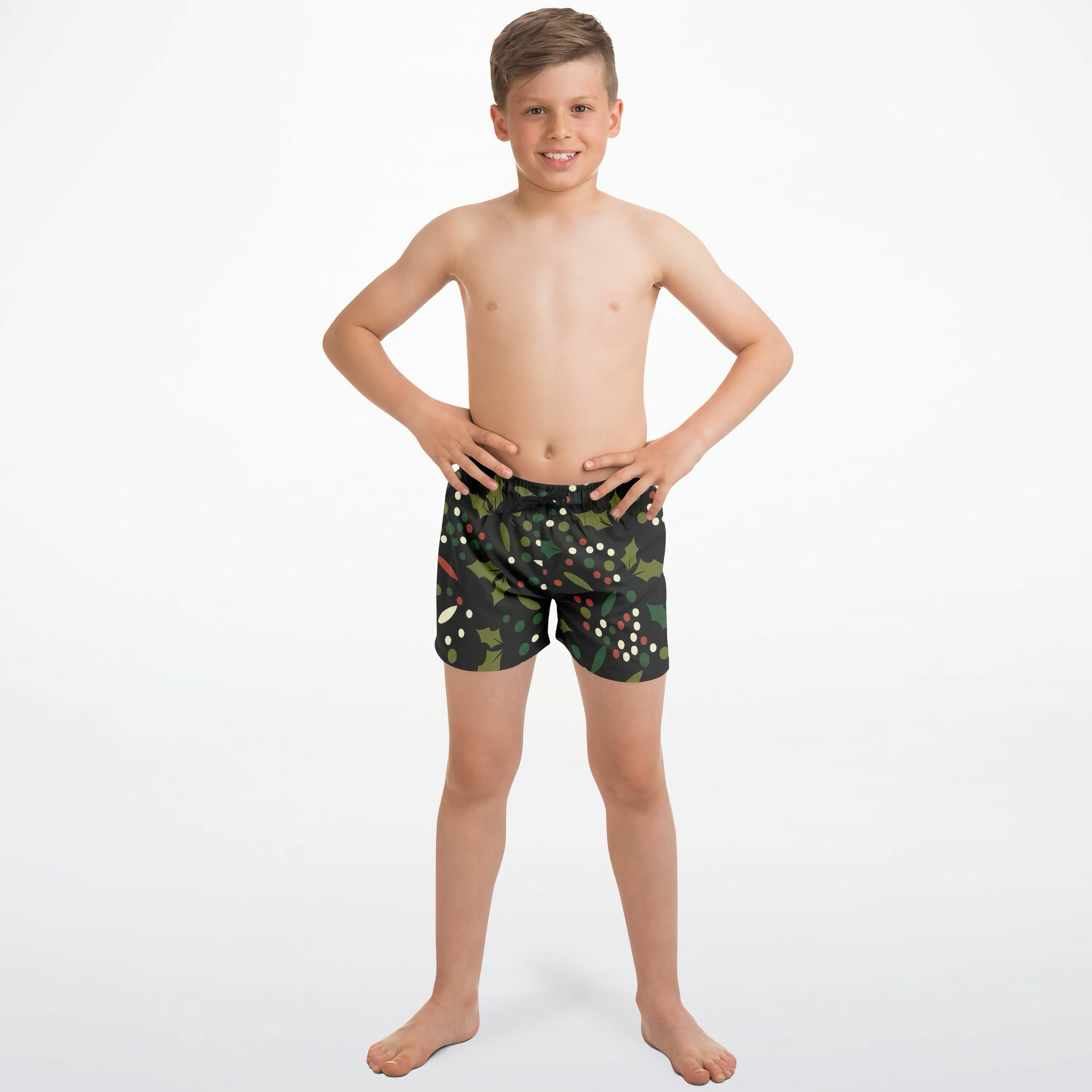 Boys holly berry christmas quick drying swim trunks in dark green with holly leaves berries and white dots festive pattern