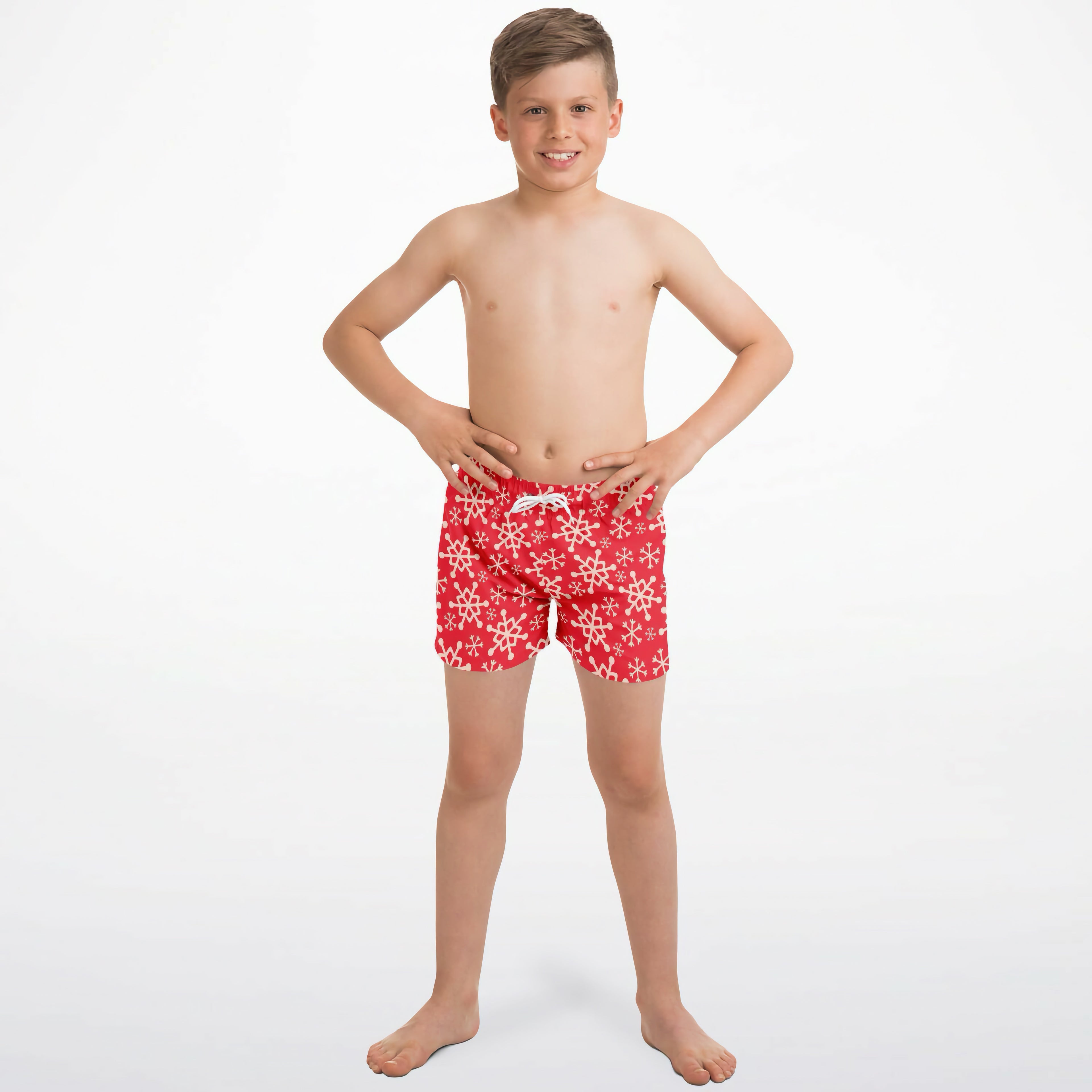 Boys red snowflake christmas quick drying swim trunks with white drawstring and festive pattern for swimming
