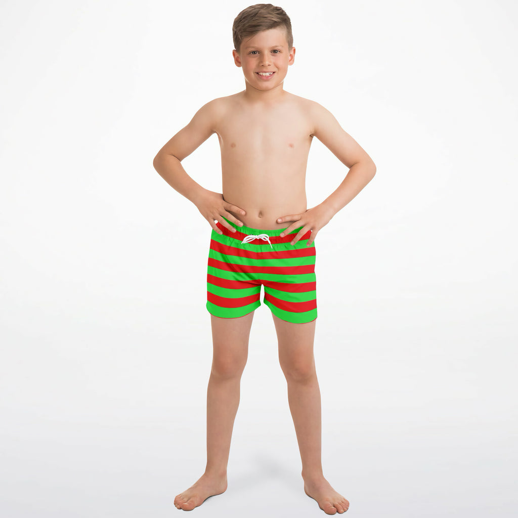 Boys red and green striped quick drying swim trunks with white drawstring waistband for Christmas beachwear
