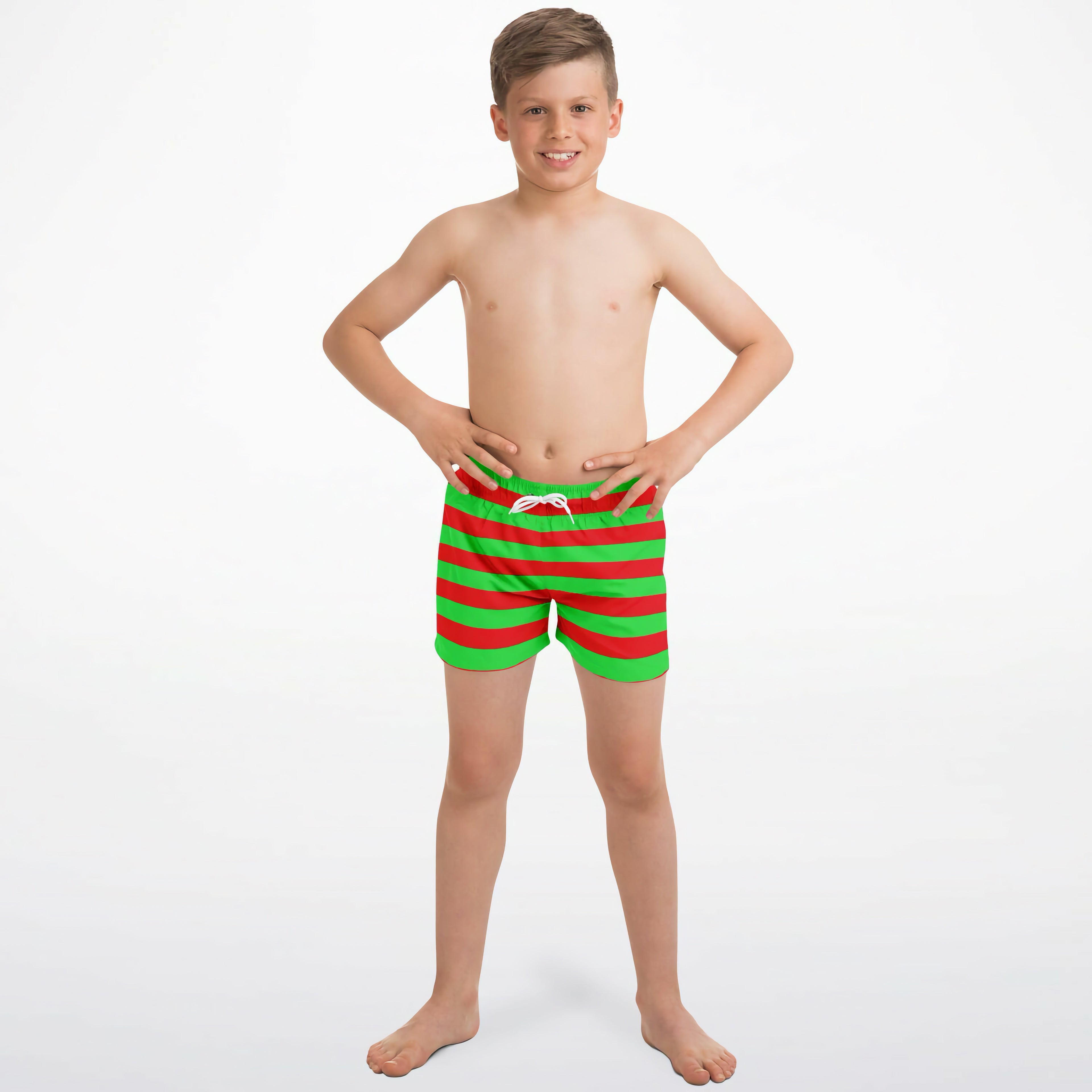 Boys red and green striped quick drying swim trunks with white drawstring waistband for Christmas beachwear