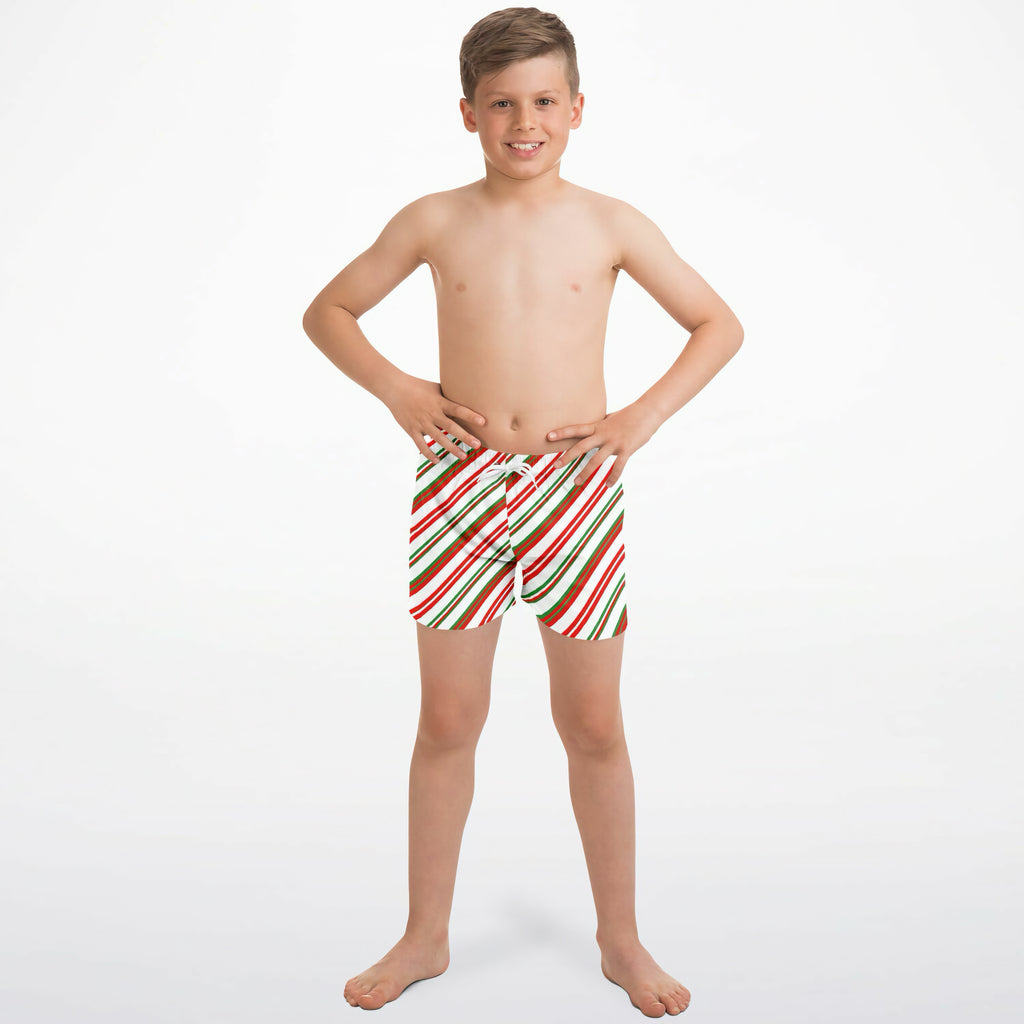 Boys candy cane stripes quick drying swim trunks in red green and white with candy cane striped pattern
