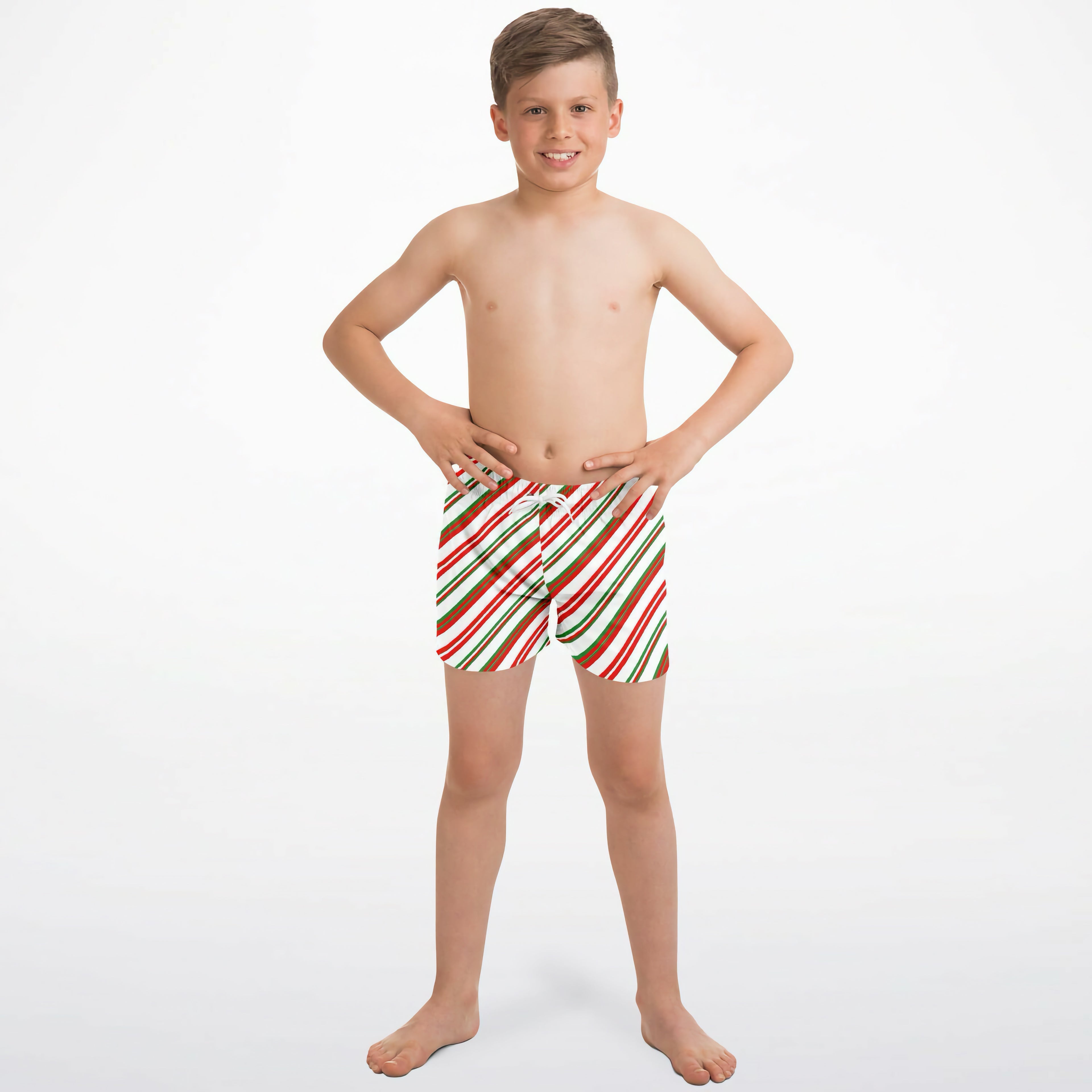 Boys candy cane stripes quick drying swim trunks in red green and white with candy cane striped pattern