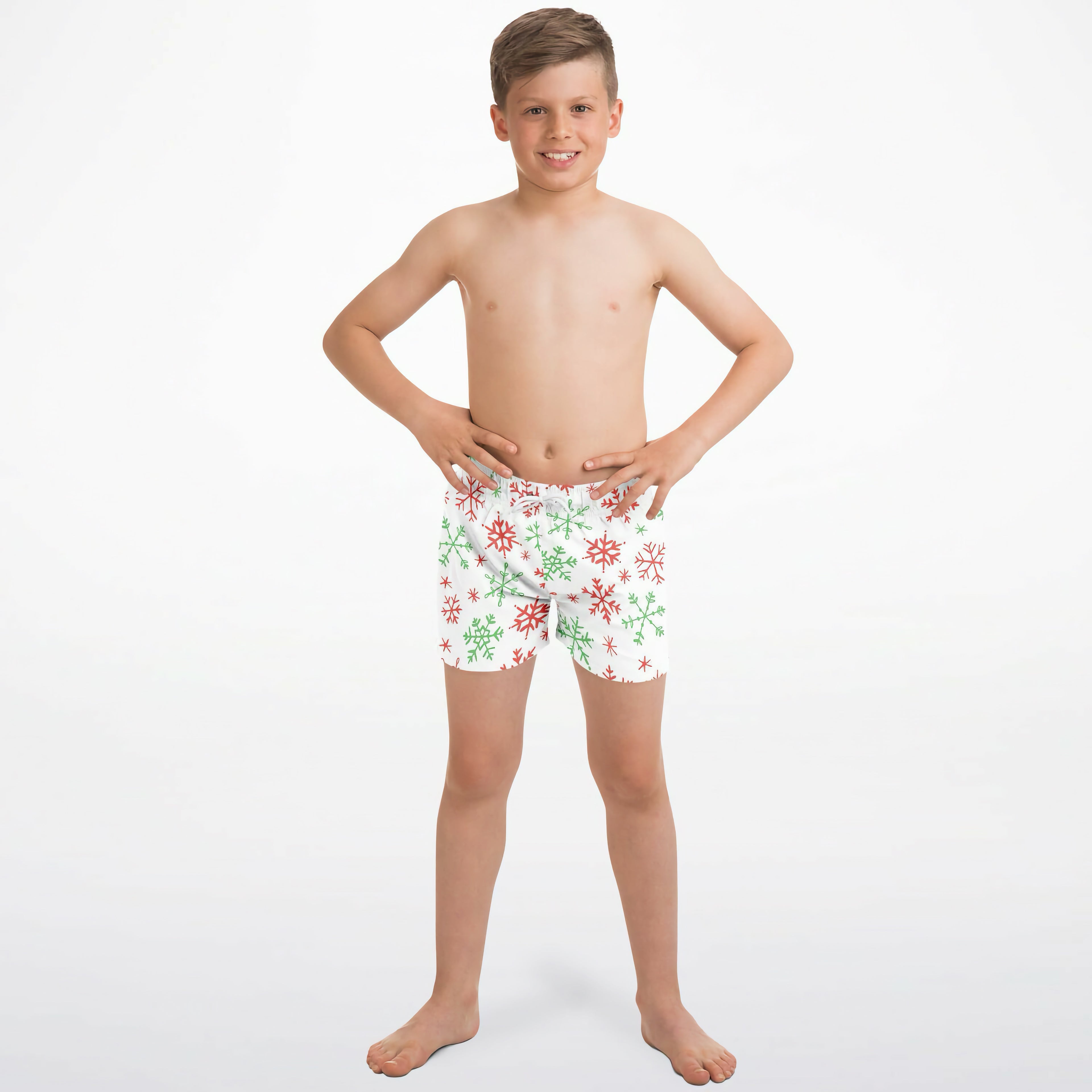 Boys red and green snowflakes christmas quick drying swim trunks in white with festive snowflake pattern