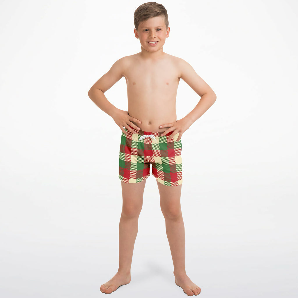 Boys plaid christmas quick drying swim trunks in red green and beige with a white drawstring front view