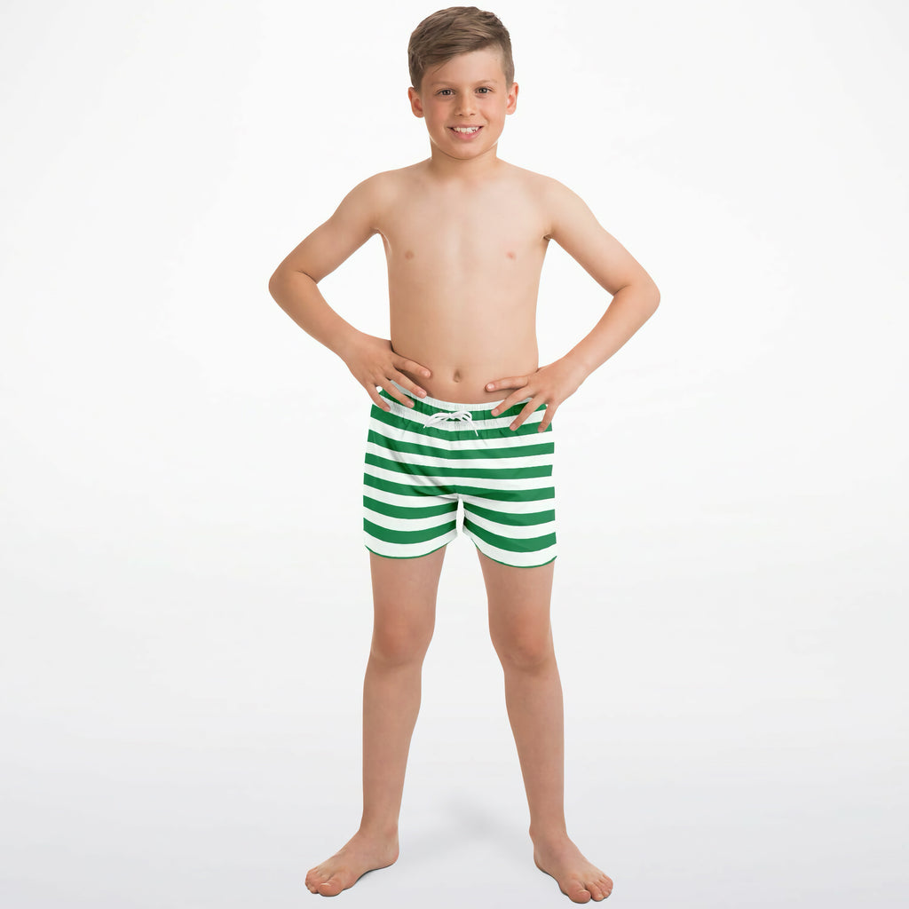 Boys green and white Christmas striped quick drying swim trunks with a drawstring waistband for water activities