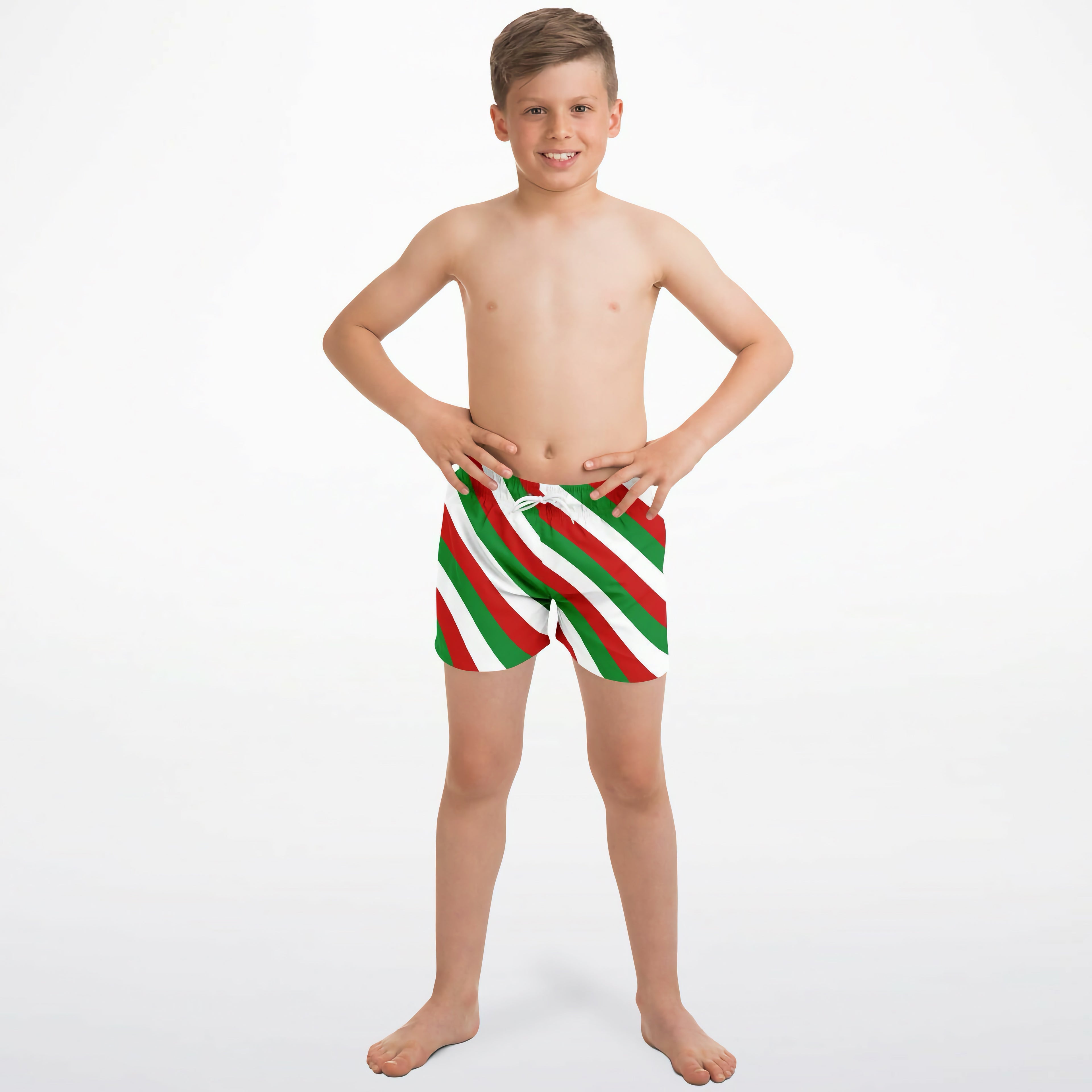 Boys festive candy cane stripe quick drying swim trunks with red green white diagonal stripes and drawstring waistband