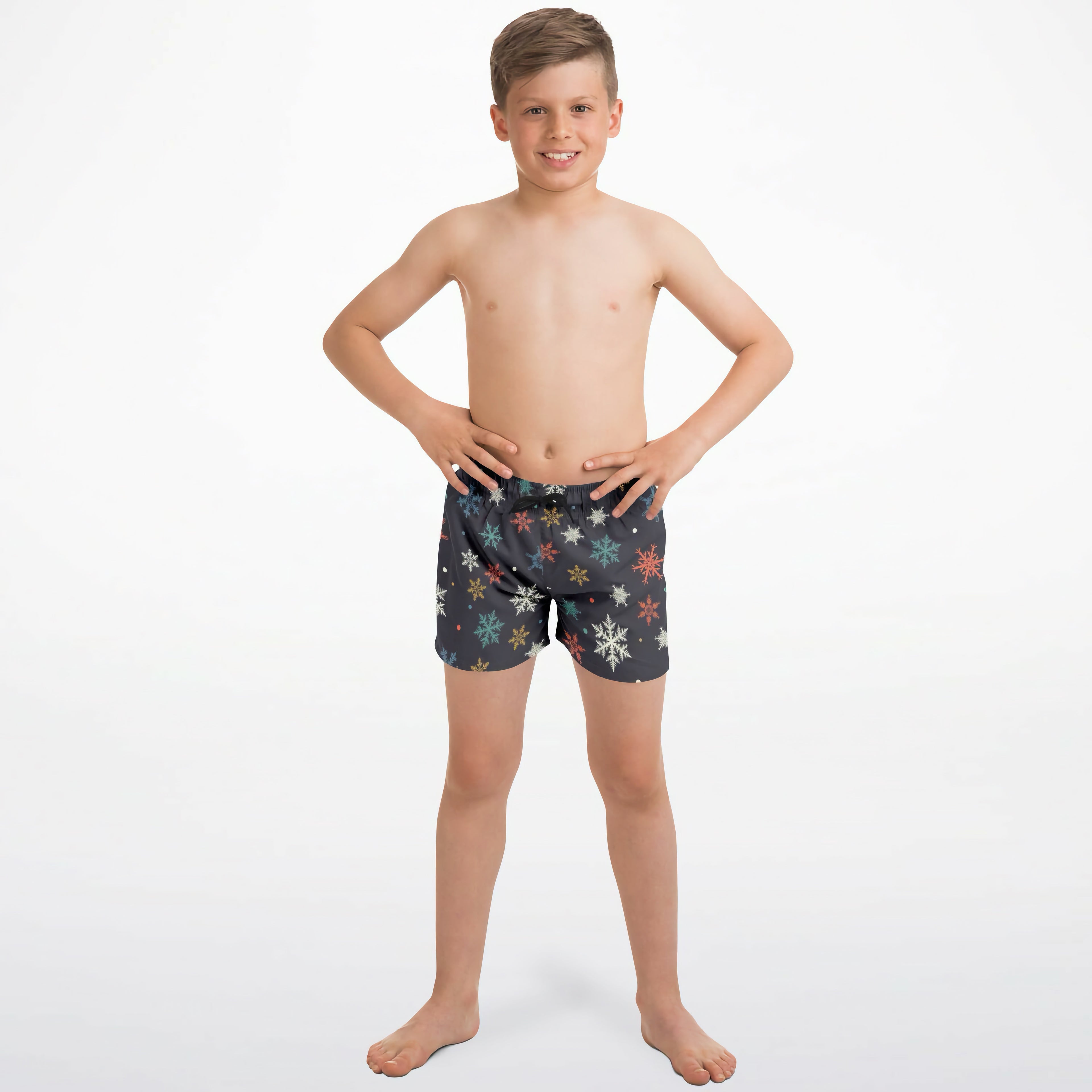 Boys colorful snowflake christmas quick drying swim trunks in dark gray with multicolored snowflake pattern