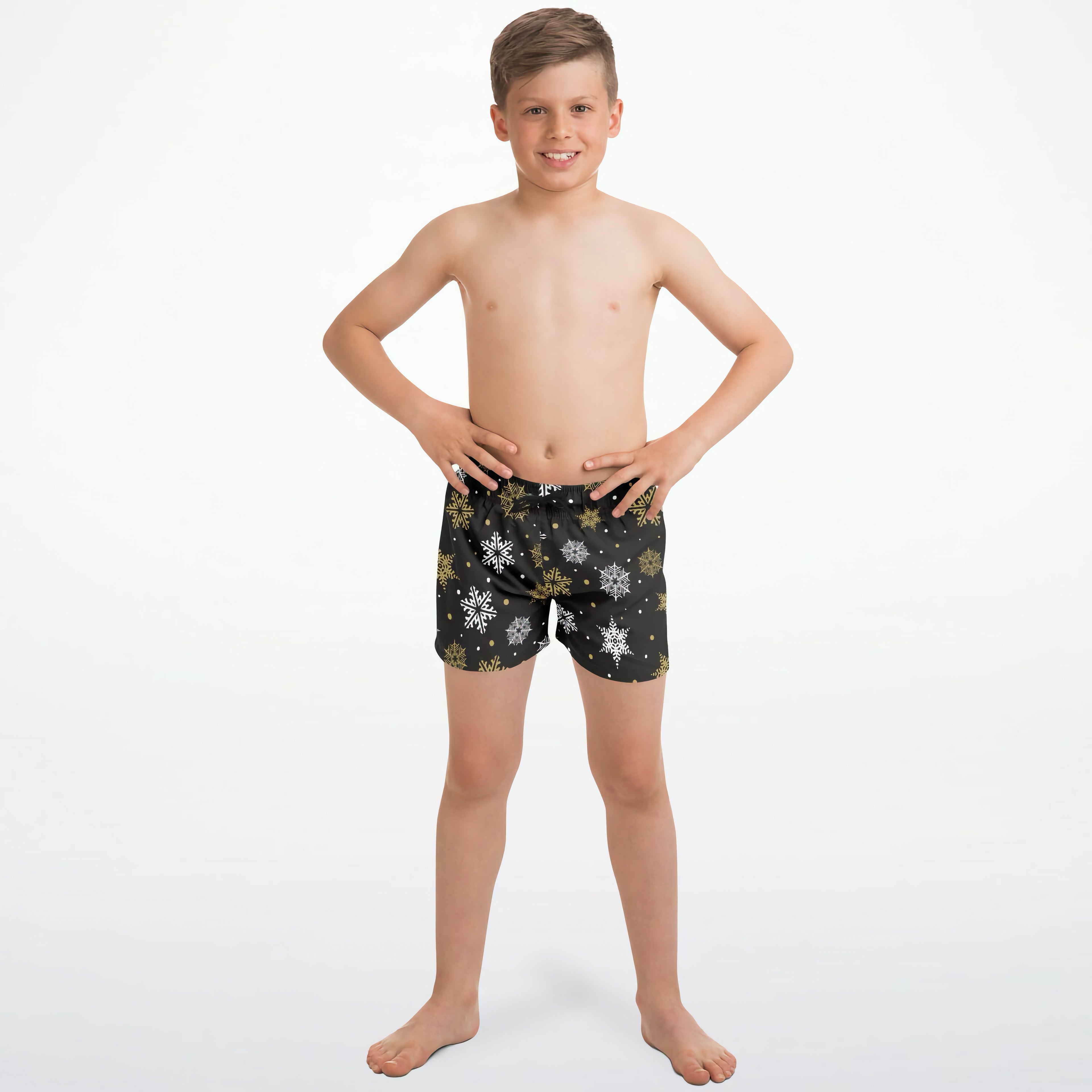 Boys gold snowflake christmas quick drying swim trunks black with white and gold snowflake patterns