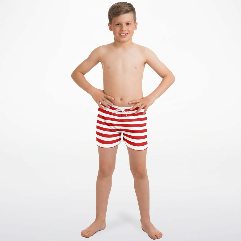 Boys red and white striped quick drying swim trunks with a drawstring waistband for Christmas water activities
