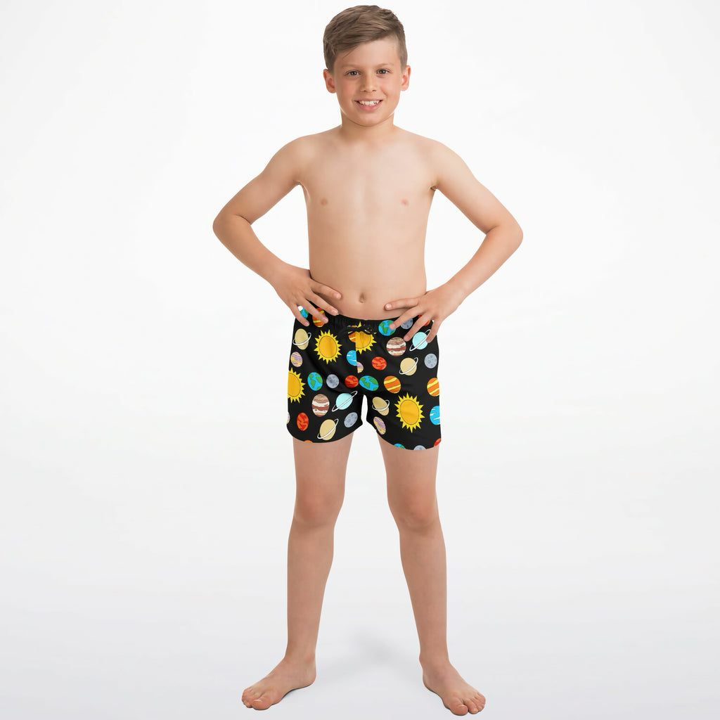 Black boys quick drying swim trunks with colorful solar system planets and suns print for swimming and beach use