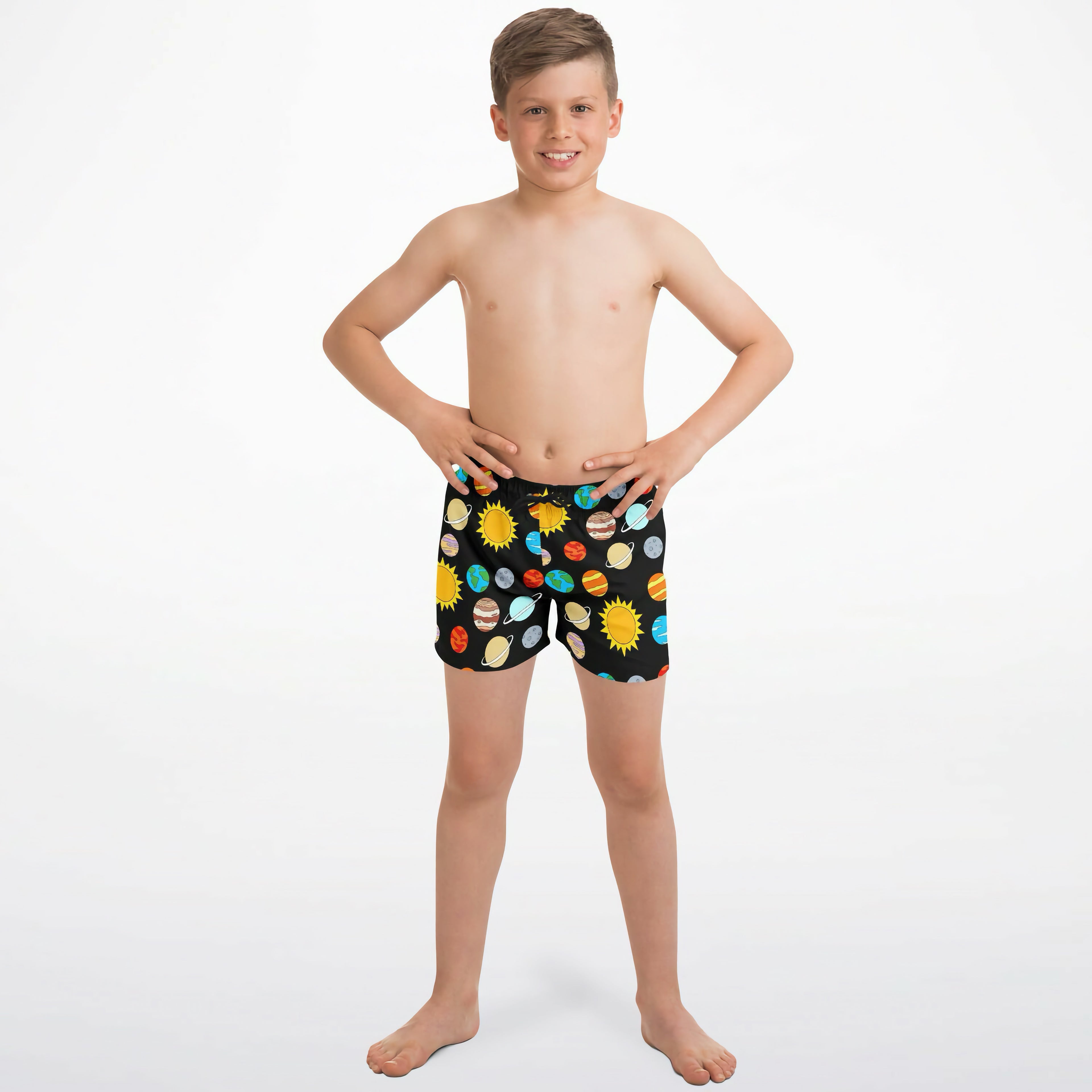 Black boys quick drying swim trunks with colorful solar system planets and suns print for swimming and beach use