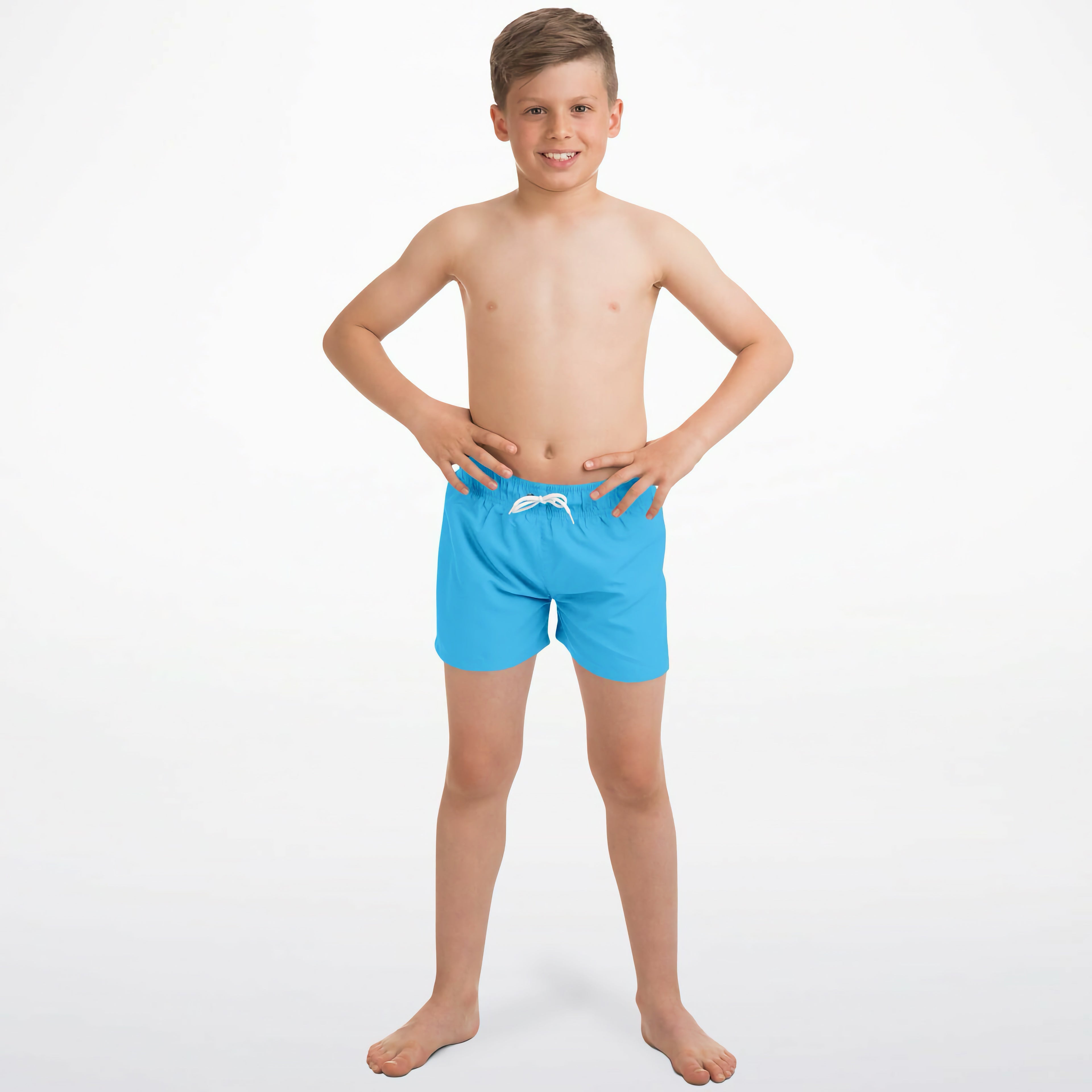 Boys sky blue quick drying swim trunks with bright blue fabric and white drawstring waistband for swimming