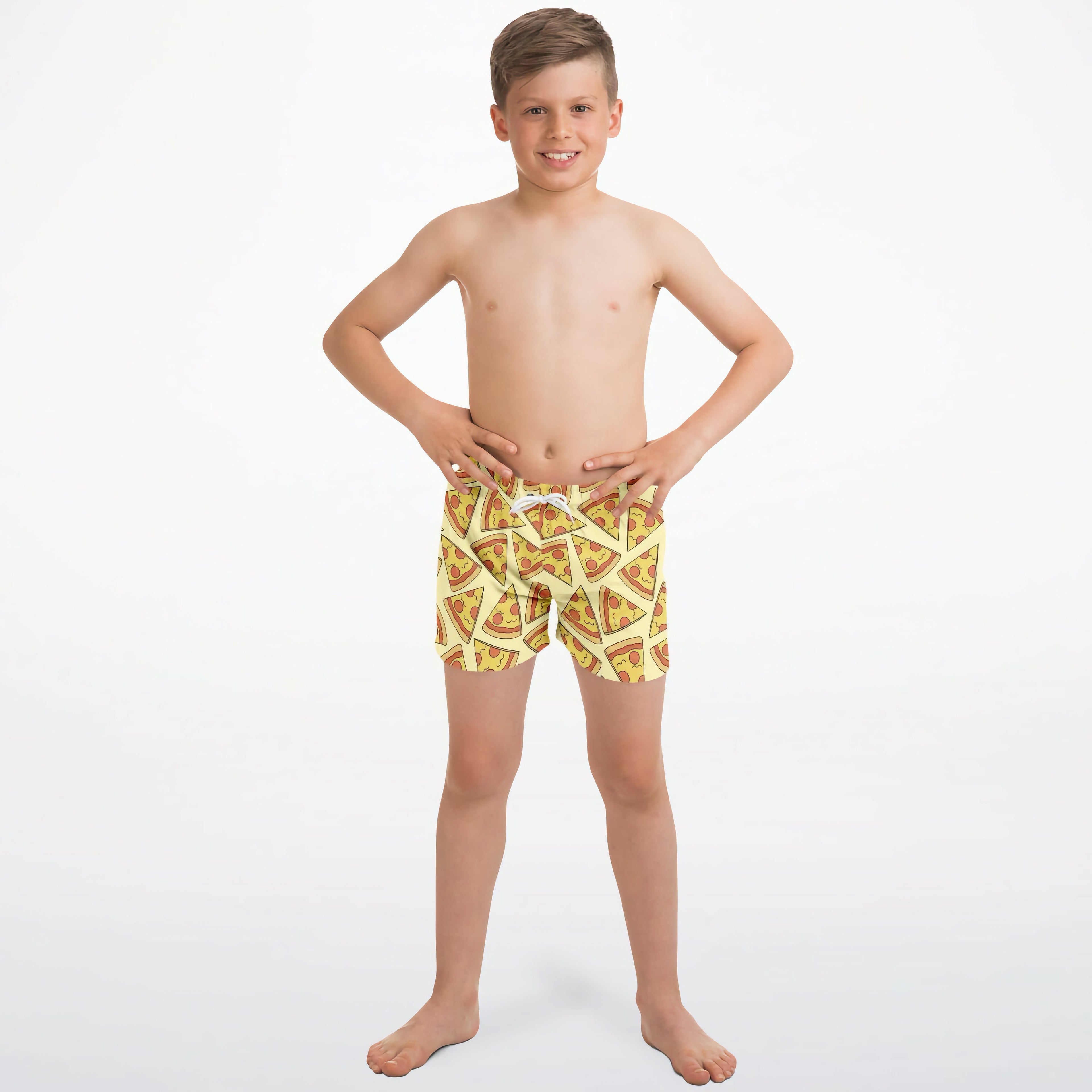 Yellow quick drying boys swim trunks with a repeating pizza slice pattern featuring red sauce and cheese