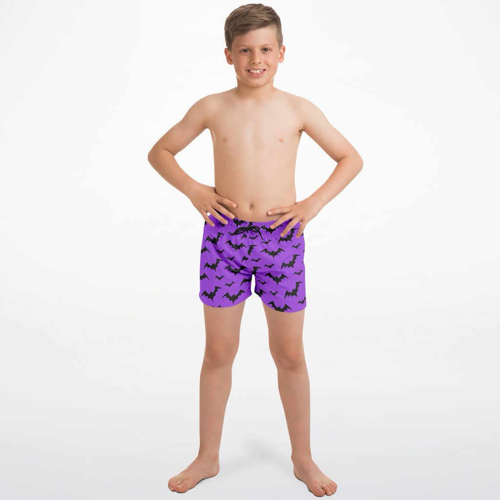 Boys purple quick drying swim trunks with black bat pattern for halloween beach and pool use