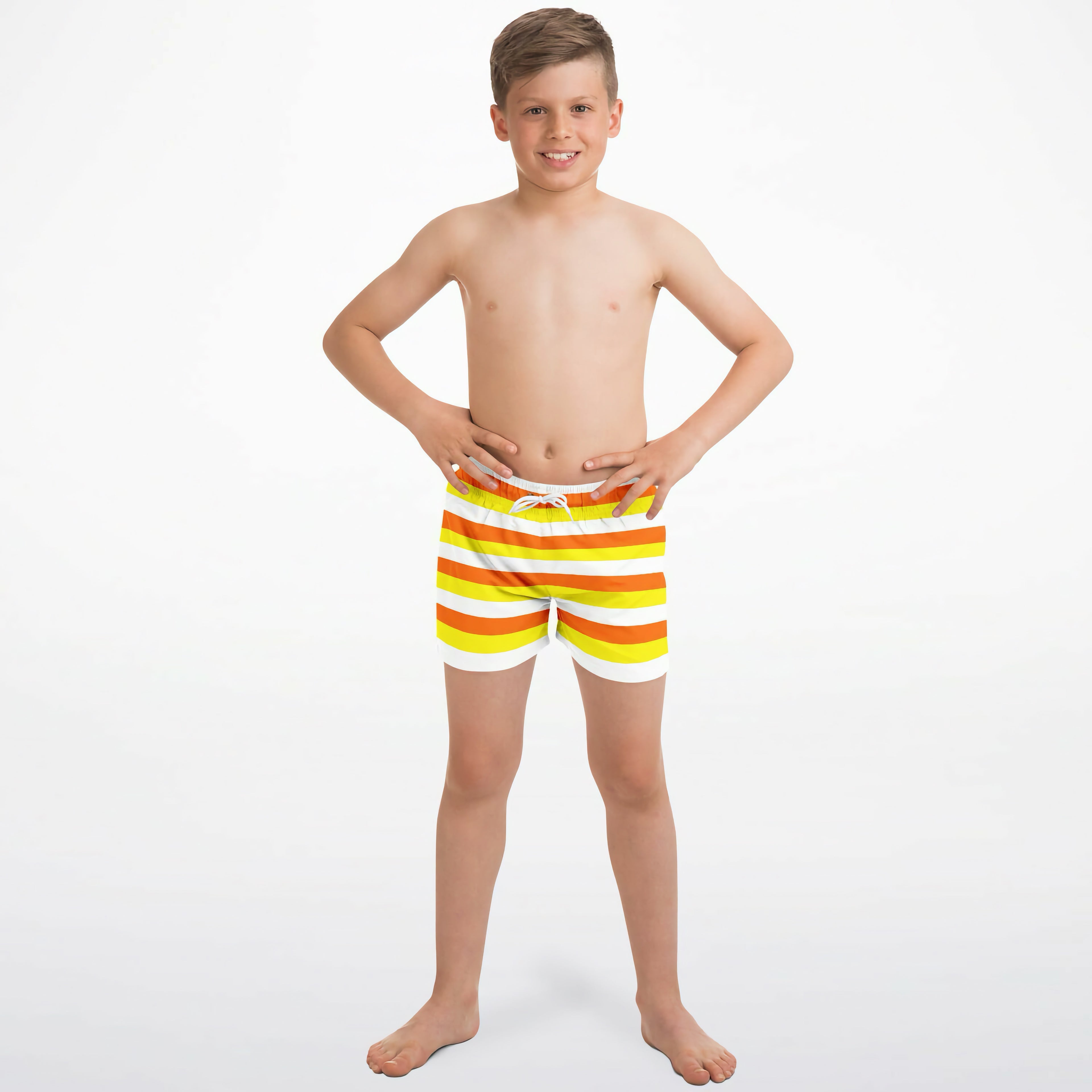 Brightly striped boys candy corn stripes quick drying swim trunks in orange and yellow with white drawstring waistband