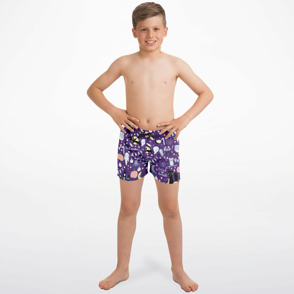 Boys spooky halloween quick drying swim trunks in purple with playful ghost cat and boo designs for festive beachwear