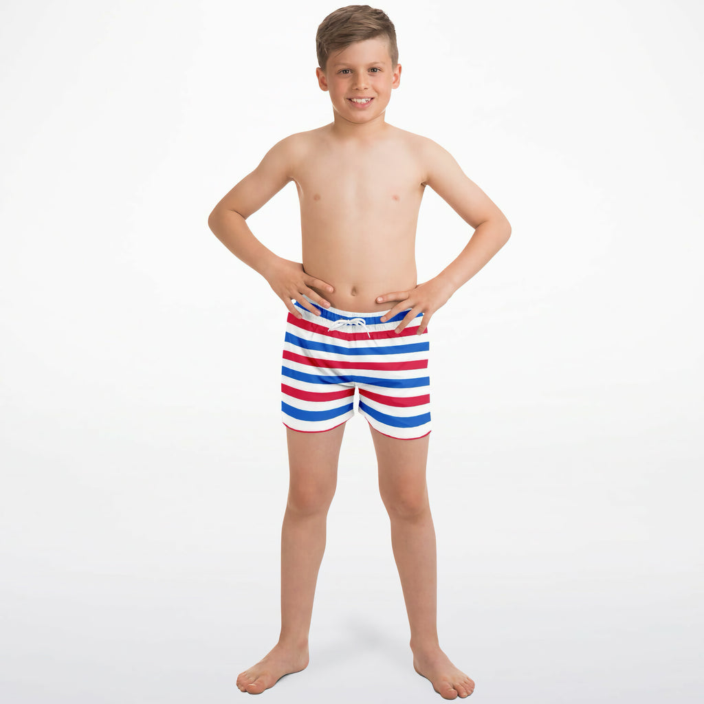 Boys red white and blue striped quick drying swim trunks with drawstring waistband for comfortable water activities