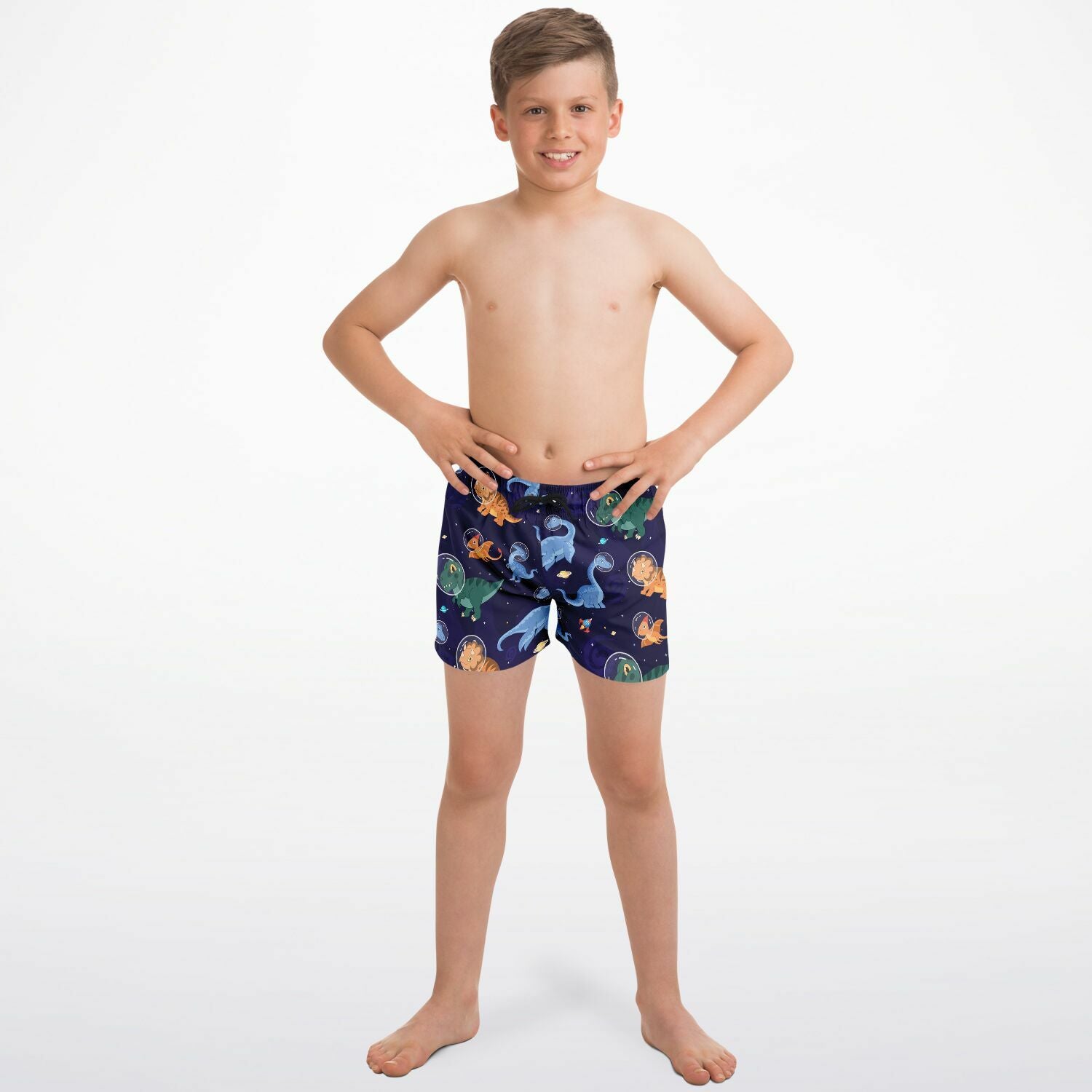 Navy blue boys space dinosaur quick drying swim trunks with vibrant orange green and light blue playful pattern