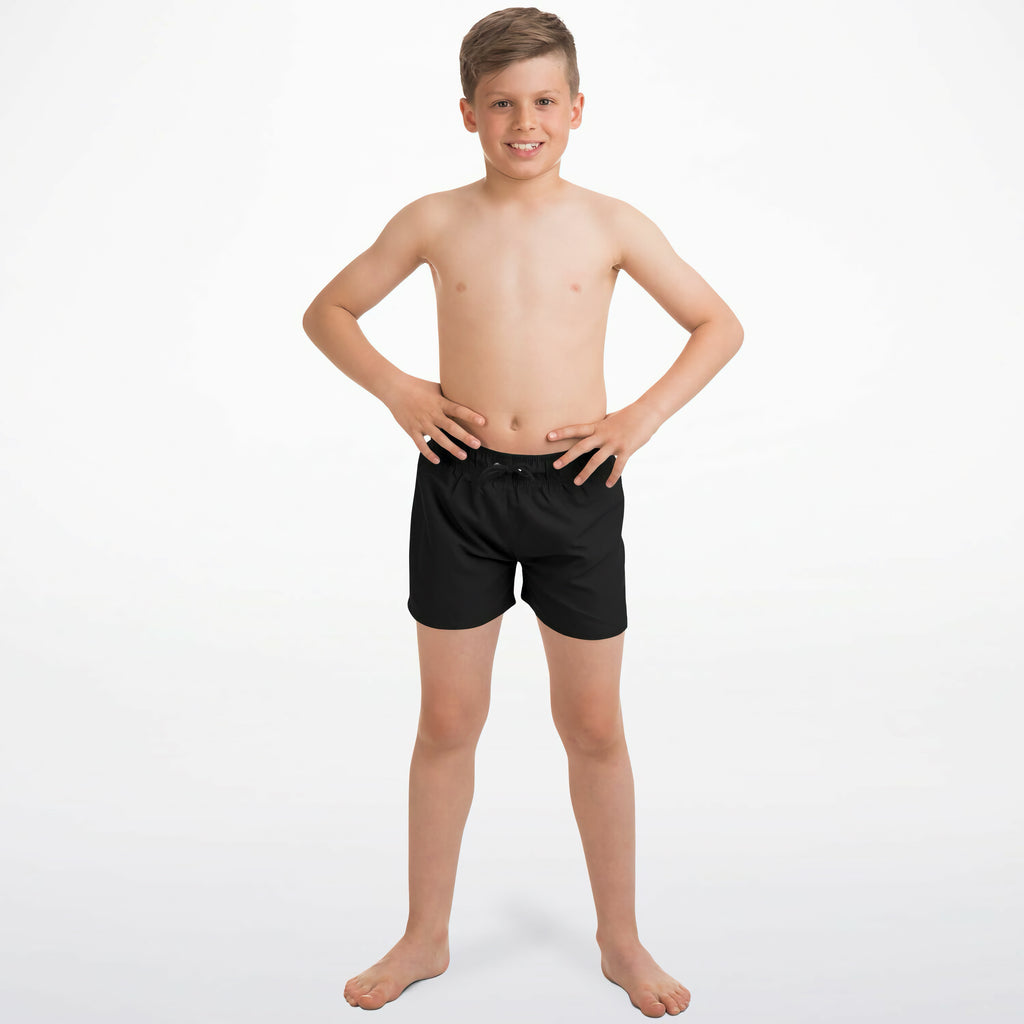 Boys black quick drying swim trunks with a drawstring waistband designed for comfortable swimming use