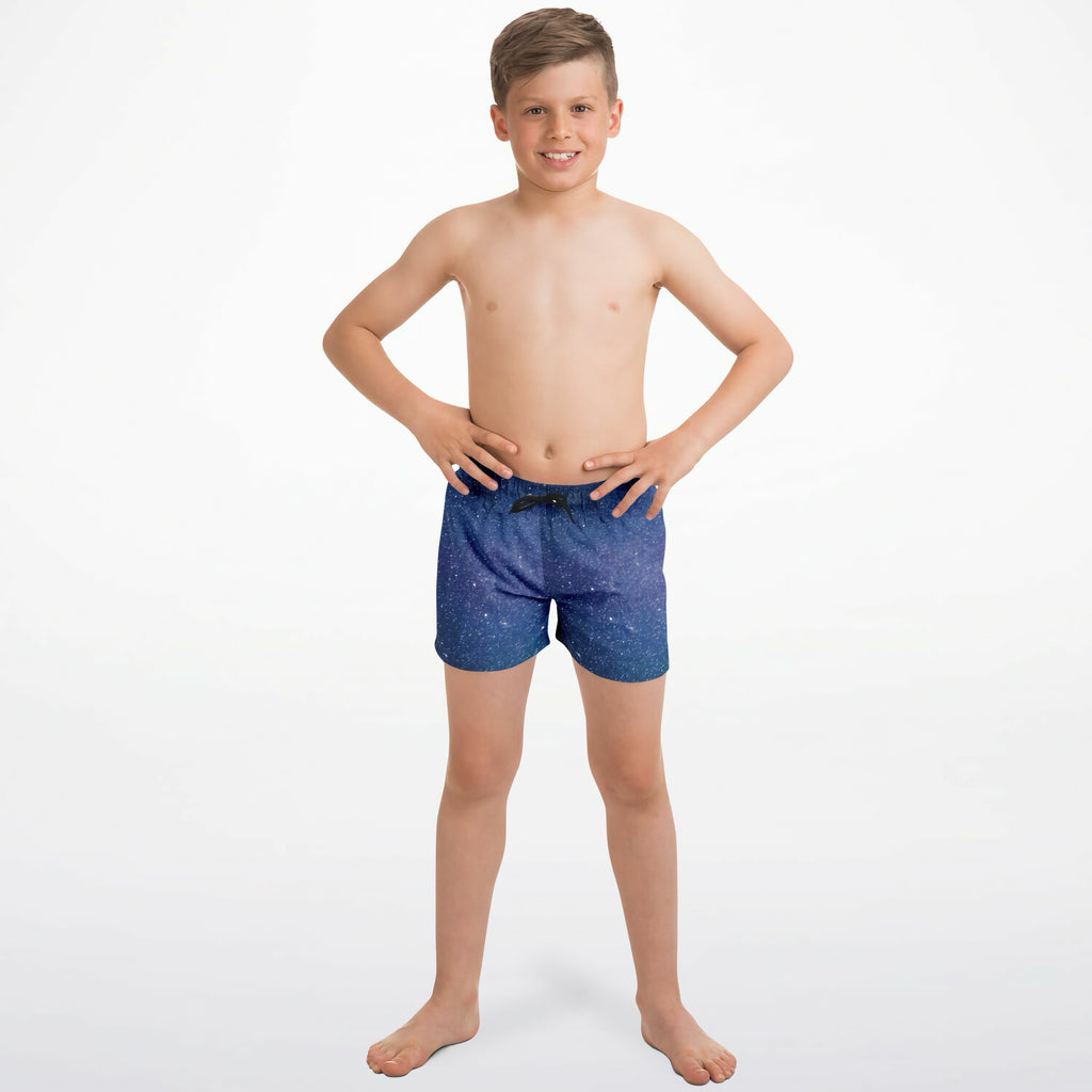 Boys realistic galaxy quick drying swim trunks in blue starry night pattern with black drawstring waistband