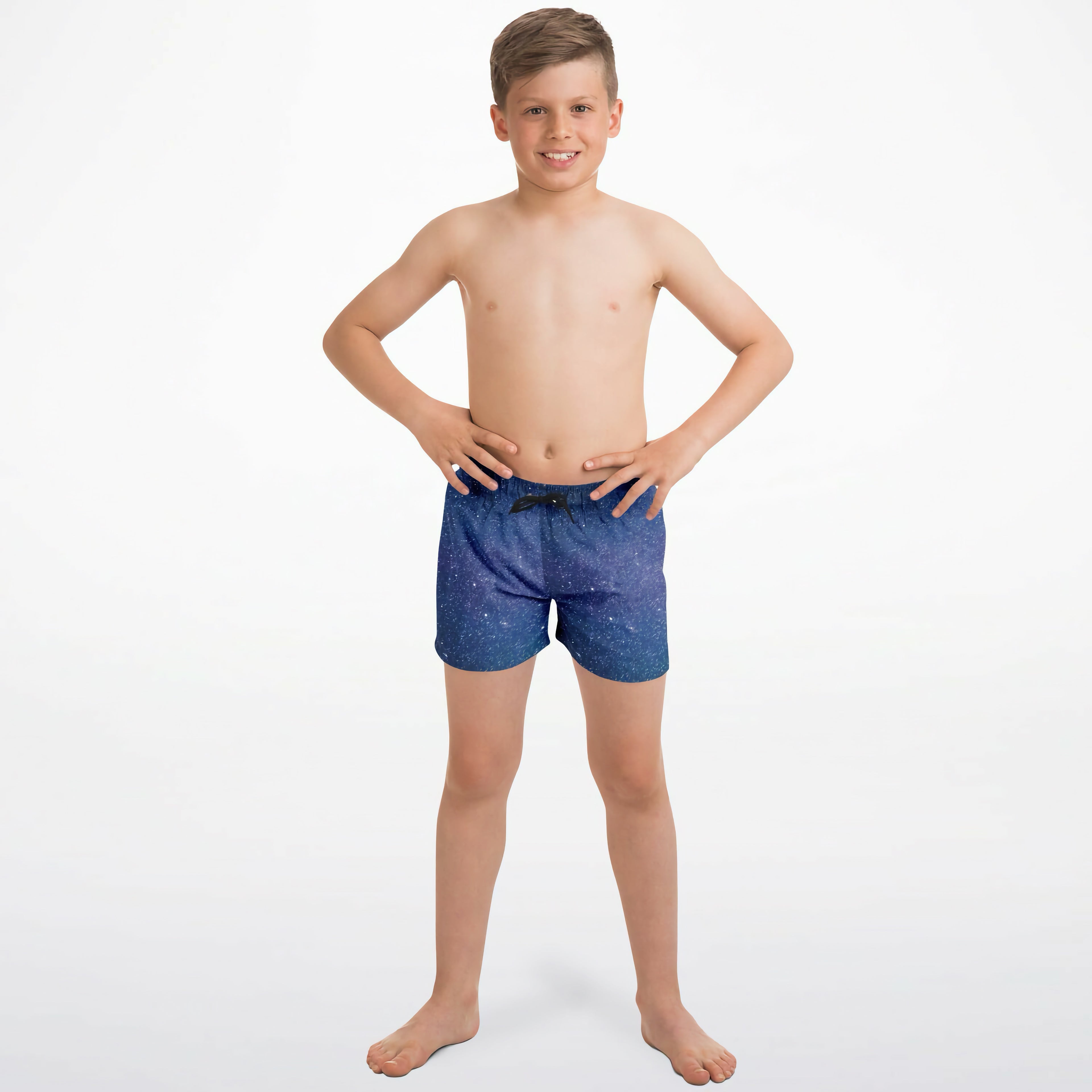 Boys realistic galaxy quick drying swim trunks in blue starry night pattern with black drawstring waistband