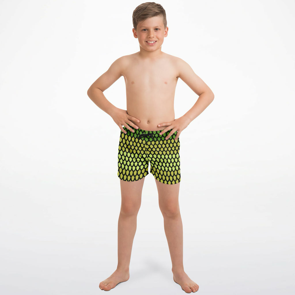 Boys snake scales quick drying swim trunks with bright green and black scale pattern for fast drying comfort