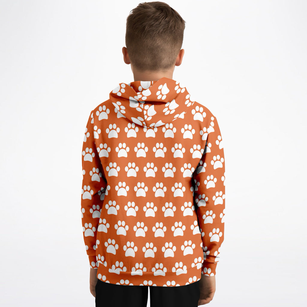 Kids Orange Paw Print Hoodie – Ultra Comfy & Stretchy, Cozy Fleece or Lightweight Sports Fabric, Double-Layer Hood & Kangaroo Pocket