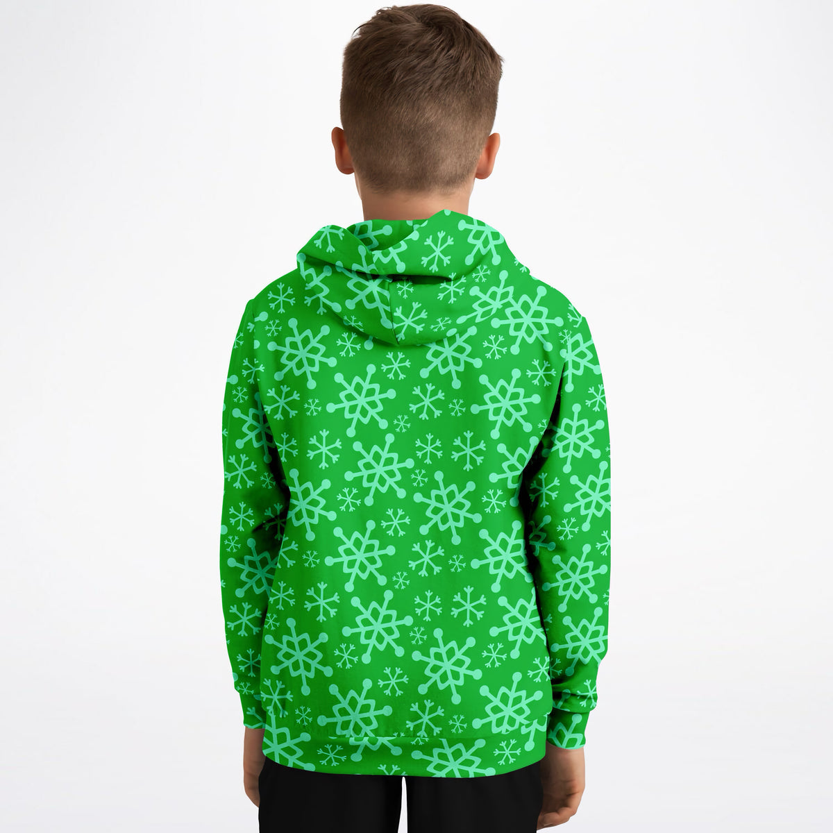 Kids Green Snowflake Christmas Hoodie – Ultra Comfy & Stretchy, Cozy Fleece or Lightweight Sports Fabric, Double-Layer Hood & Kangaroo Pocket