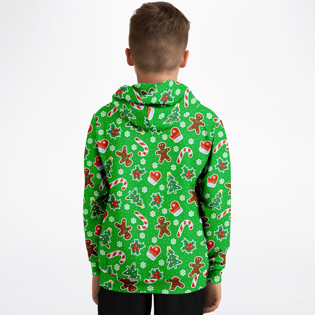 Kids Green Christmas Icons Hoodie – Ultra Comfy & Stretchy, Cozy Fleece or Lightweight Sports Fabric, Double-Layer Hood & Kangaroo Pocket