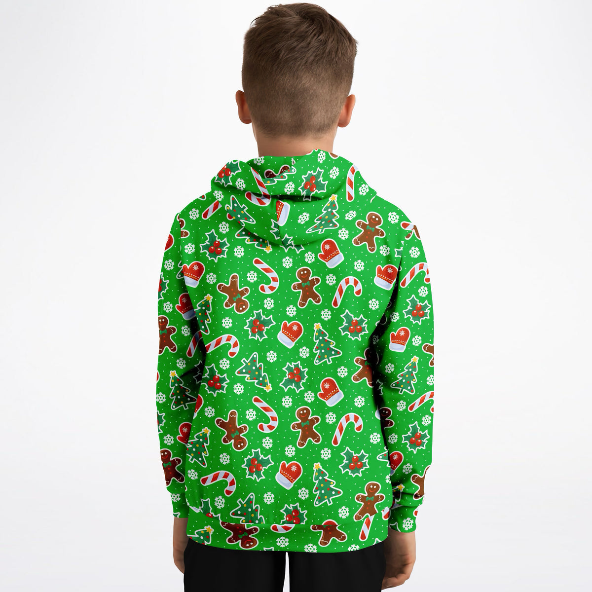 Kids Green Christmas Icons Hoodie – Ultra Comfy & Stretchy, Cozy Fleece or Lightweight Sports Fabric, Double-Layer Hood & Kangaroo Pocket