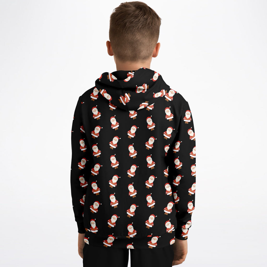 Kids Black Santa Claus Christmas Hoodie – Ultra Comfy & Stretchy, Cozy Fleece or Lightweight Sports Fabric, Double-Layer Hood & Kangaroo Pocket