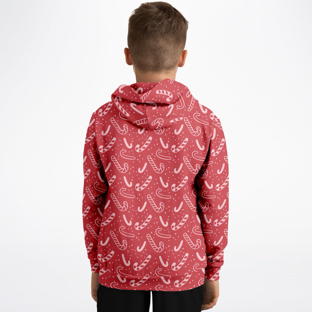 Kids Red Candy Cane Christmas Hoodie – Ultra Comfy & Stretchy, Cozy Fleece or Lightweight Sports Fabric, Double-Layer Hood & Kangaroo Pocket