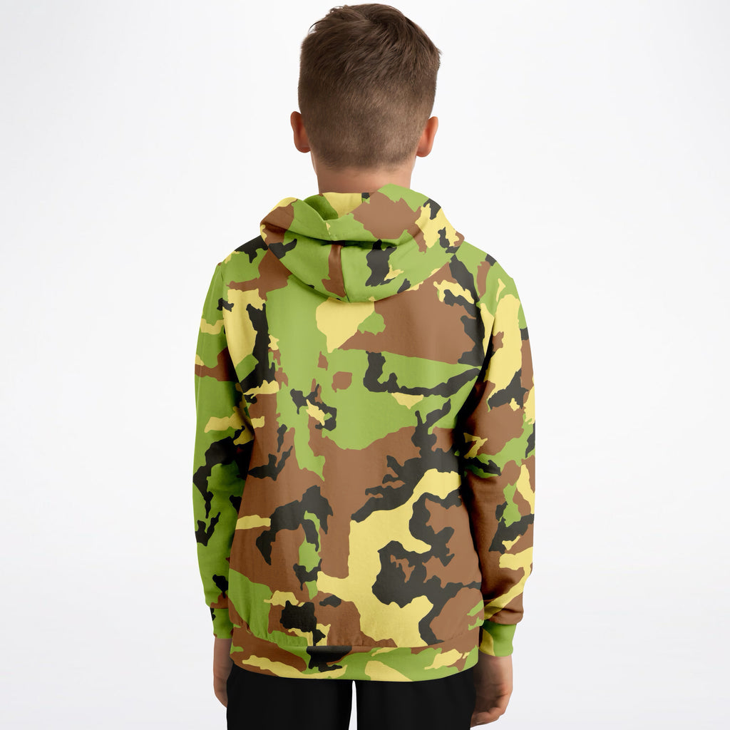 Kids Green Camouflage Hoodie – Ultra Comfy & Stretchy, Cozy Fleece or Lightweight Sports Fabric, Double-Layer Hood & Kangaroo Pocket