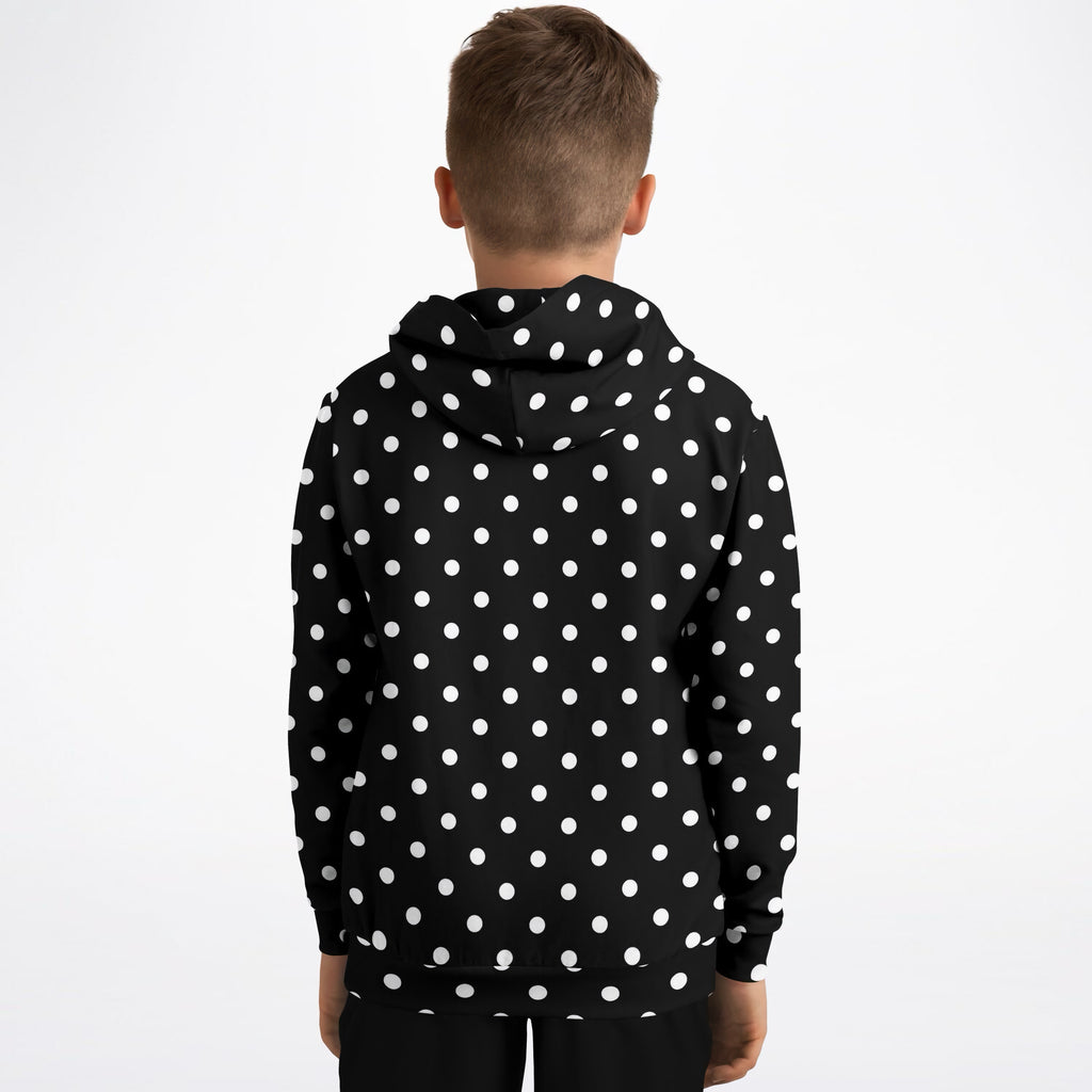 Kids Black Polka Dot Hoodie – Ultra Comfy & Stretchy, Cozy Fleece or Lightweight Sports Fabric, Double-Layer Hood & Kangaroo Pocket