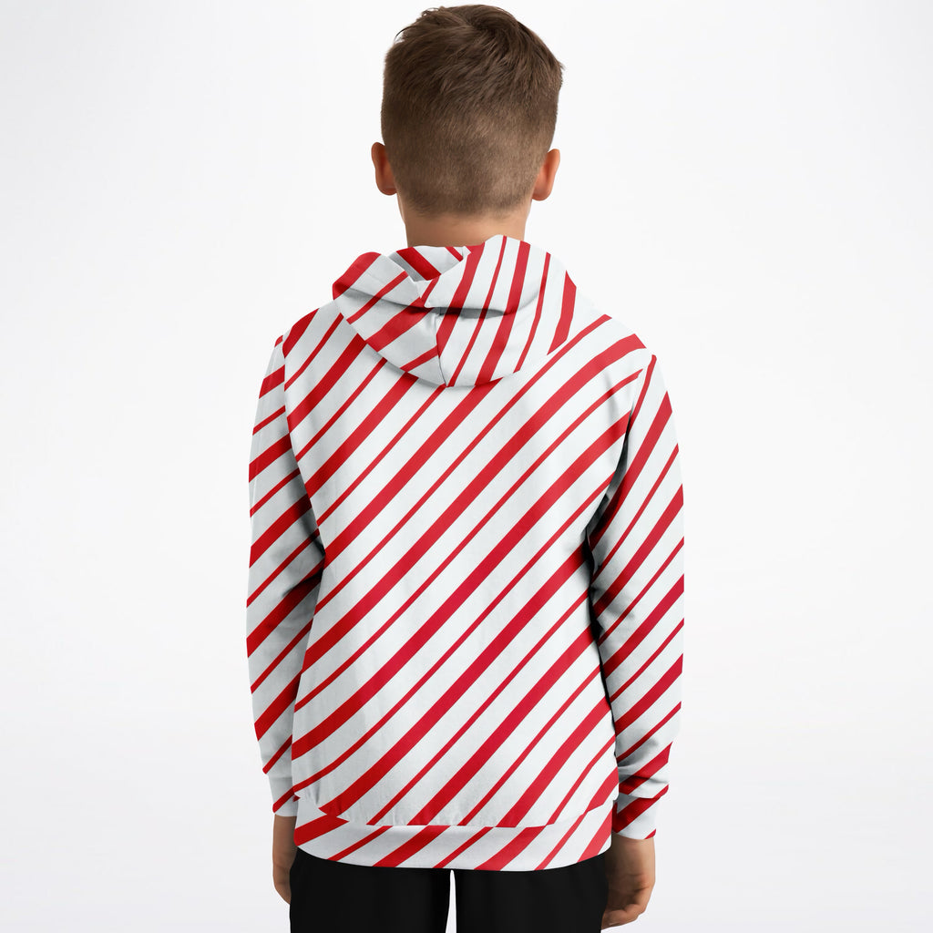 Kids Red & White Candy Cane Striped Christmas Hoodie – Ultra Comfy & Stretchy, Cozy Fleece or Lightweight Sports Fabric, Double-Layer Hood & Kangaroo Pocket