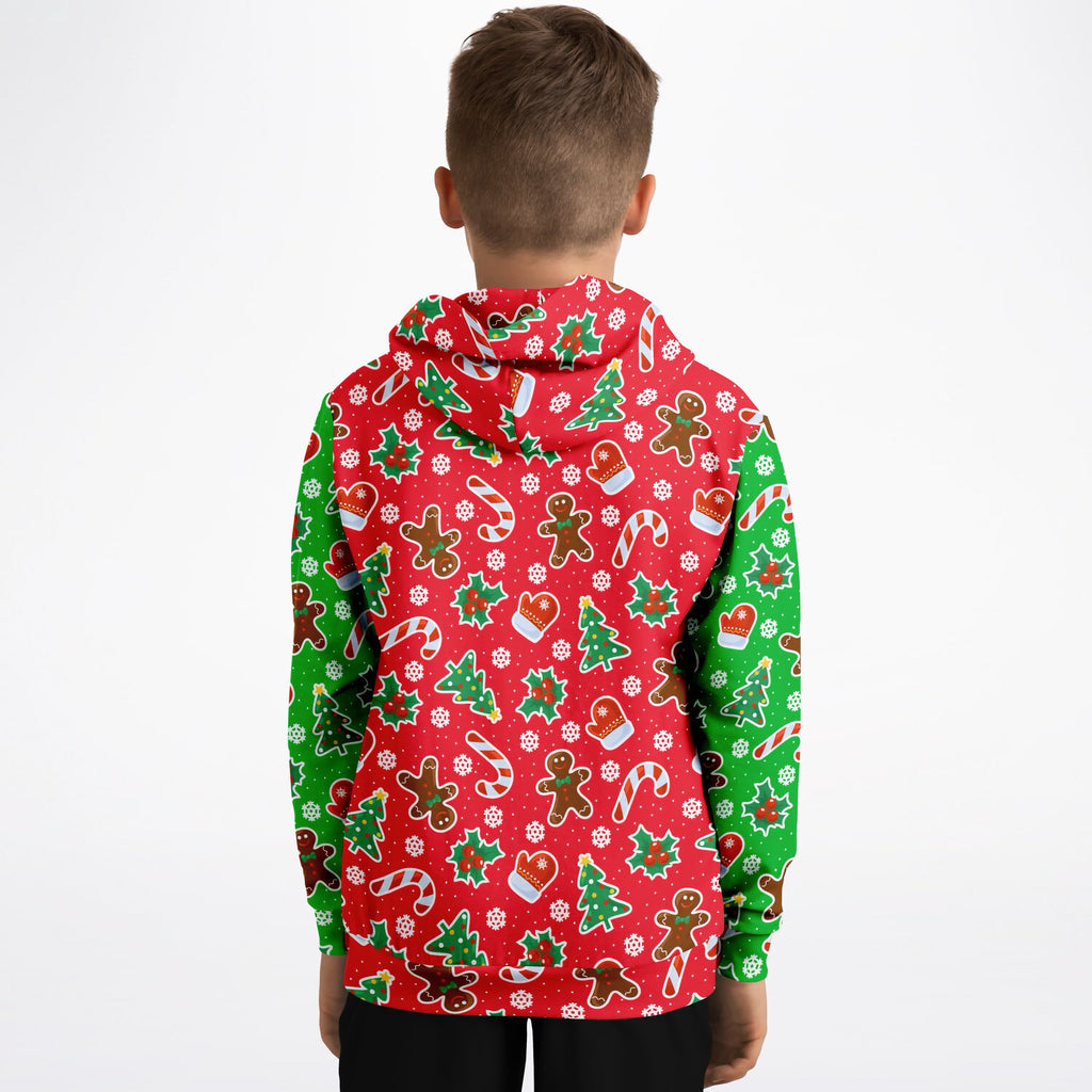Kids Red & Green Christmas Icons Hoodie – Ultra Comfy & Stretchy, Cozy Fleece or Lightweight Sports Fabric, Double-Layer Hood & Kangaroo Pocket