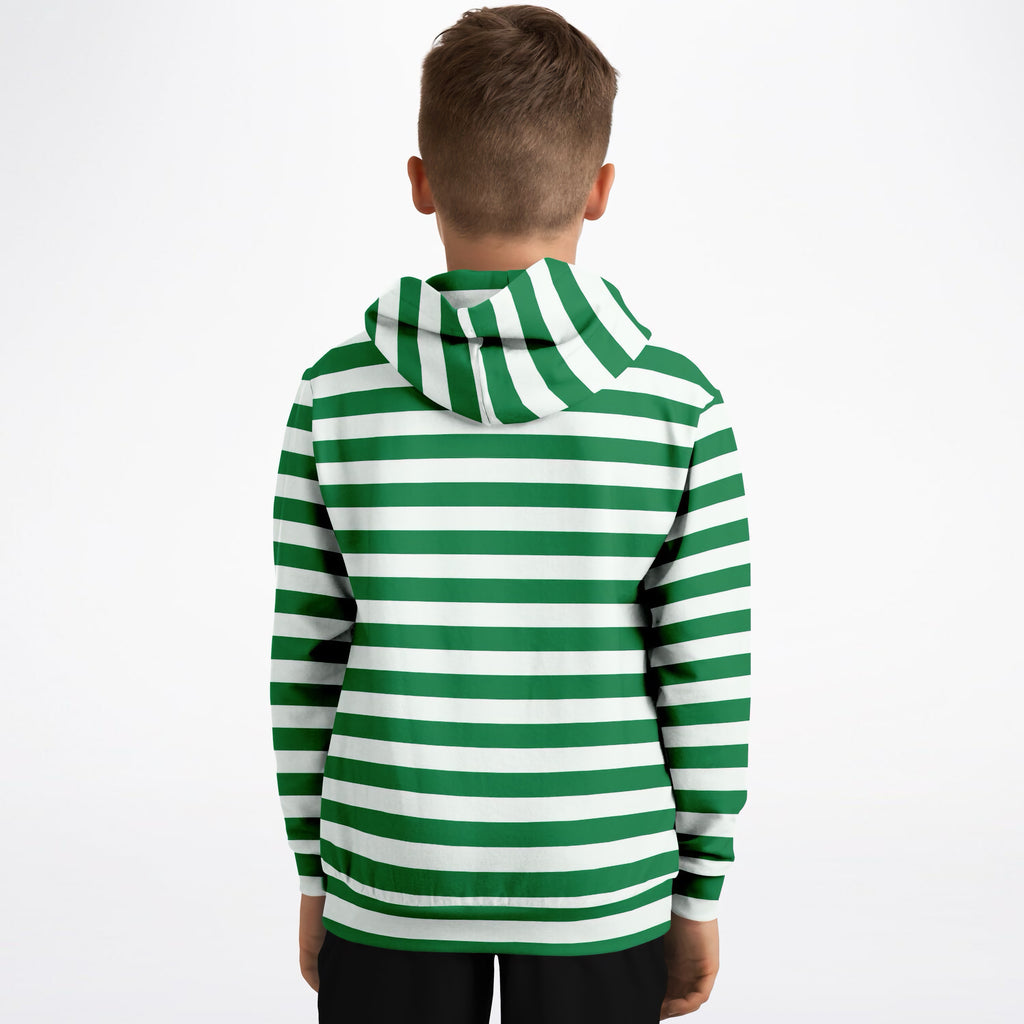 Kids Striped Green Christmas Hoodie – Ultra Comfy & Stretchy, Cozy Fleece or Lightweight Sports Fabric, Double-Layer Hood & Kangaroo Pocket