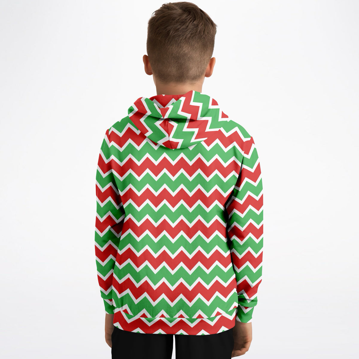Kids Red & Green Christmas Chevron Hoodie – Ultra Comfy & Stretchy, Cozy Fleece or Lightweight Sports Fabric, Double-Layer Hood & Kangaroo Pocket