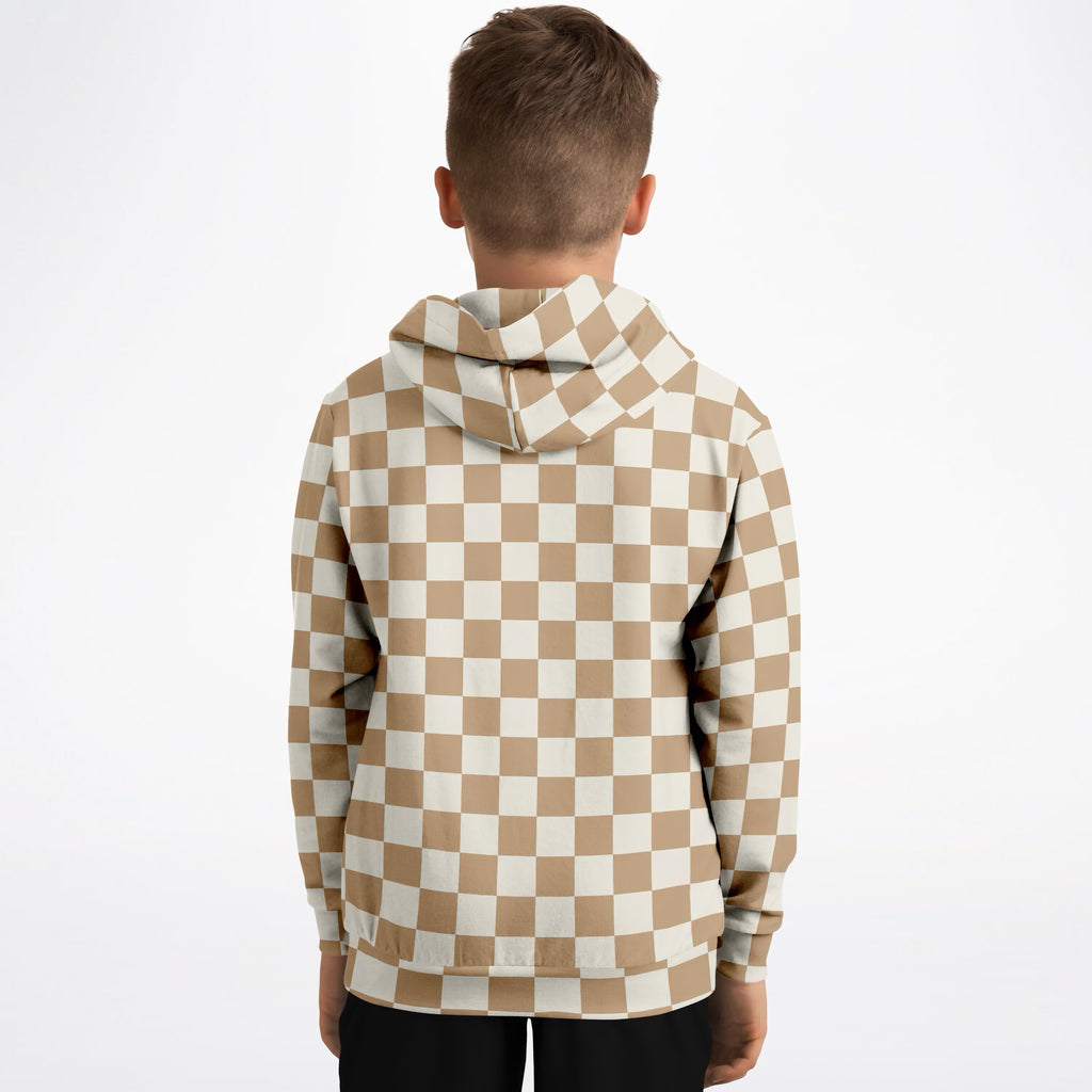Kids Tan Checkered Hoodie – Ultra Comfy & Stretchy, Cozy Fleece or Lightweight Sports Fabric, Double-Layer Hood & Kangaroo Pocket