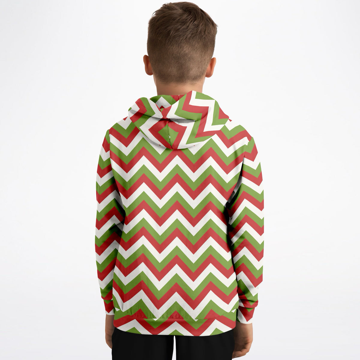 Kids Christmas Red & Green Chevron Hoodie – Ultra Comfy & Stretchy, Cozy Fleece or Lightweight Sports Fabric, Double-Layer Hood & Kangaroo Pocket