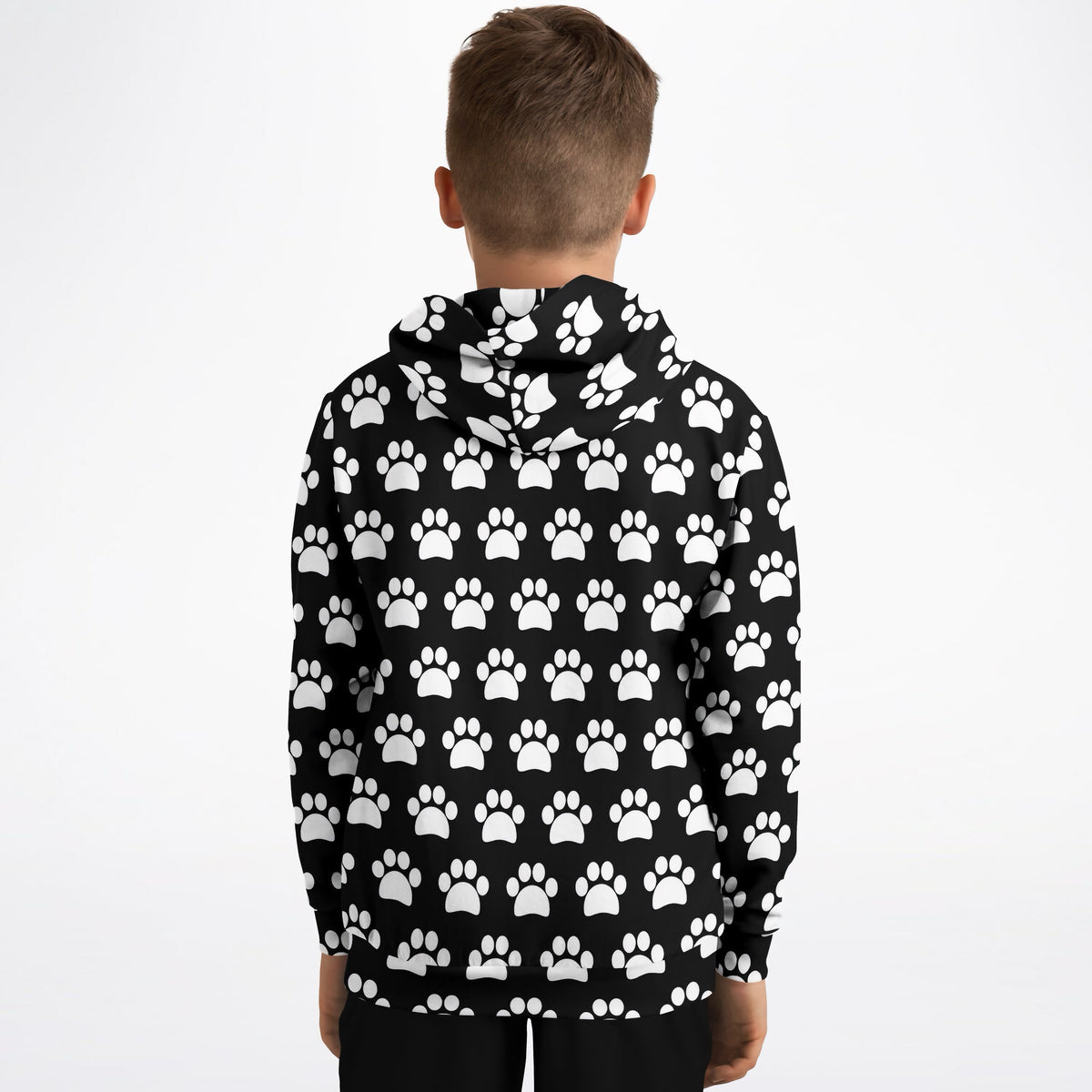Kids Black Paw Print Hoodie – Ultra Comfy & Stretchy, Cozy Fleece or Lightweight Sports Fabric, Double-Layer Hood & Kangaroo Pocket