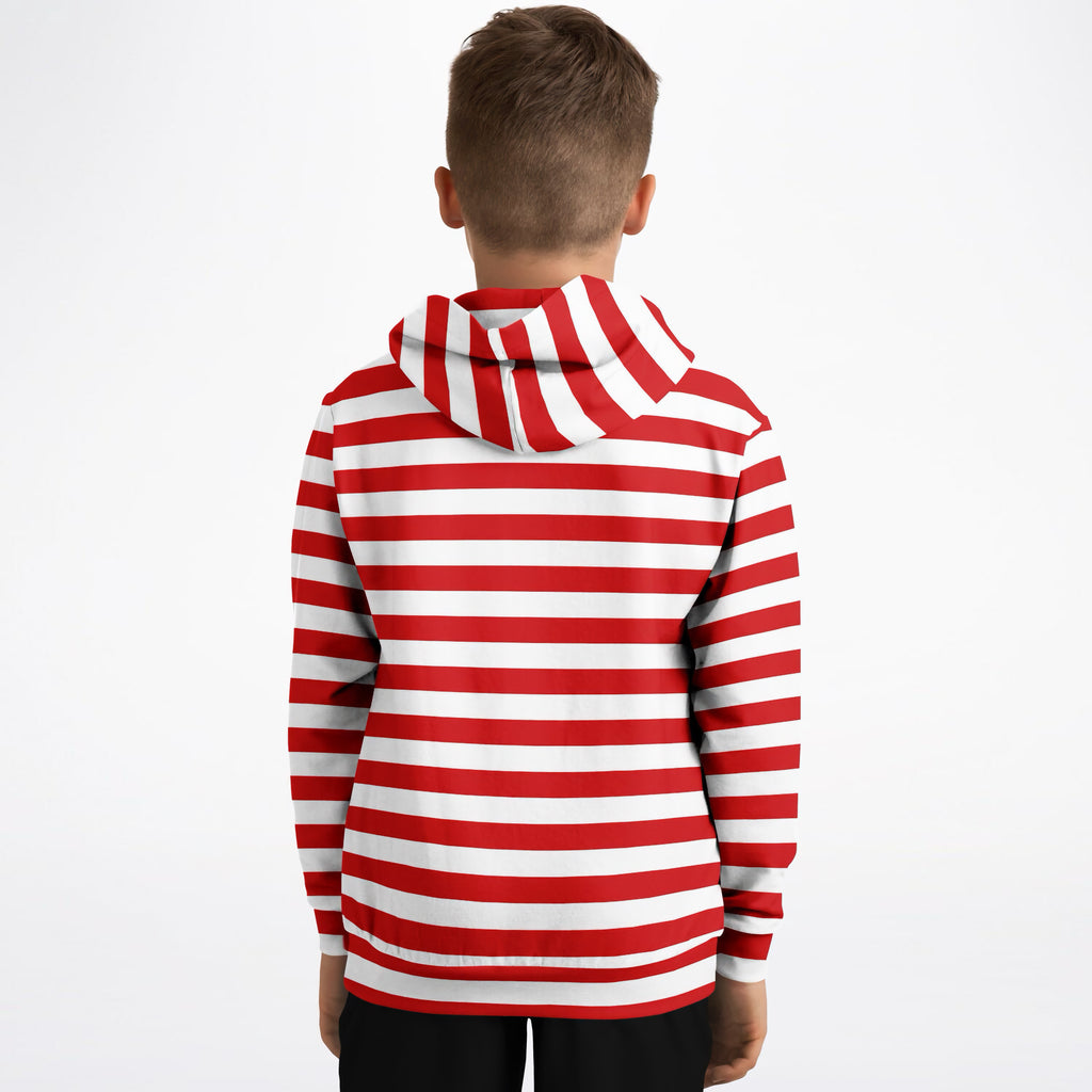Kids Striped Red Christmas Hoodie – Ultra Comfy & Stretchy, Cozy Fleece or Lightweight Sports Fabric, Double-Layer Hood & Kangaroo Pocket