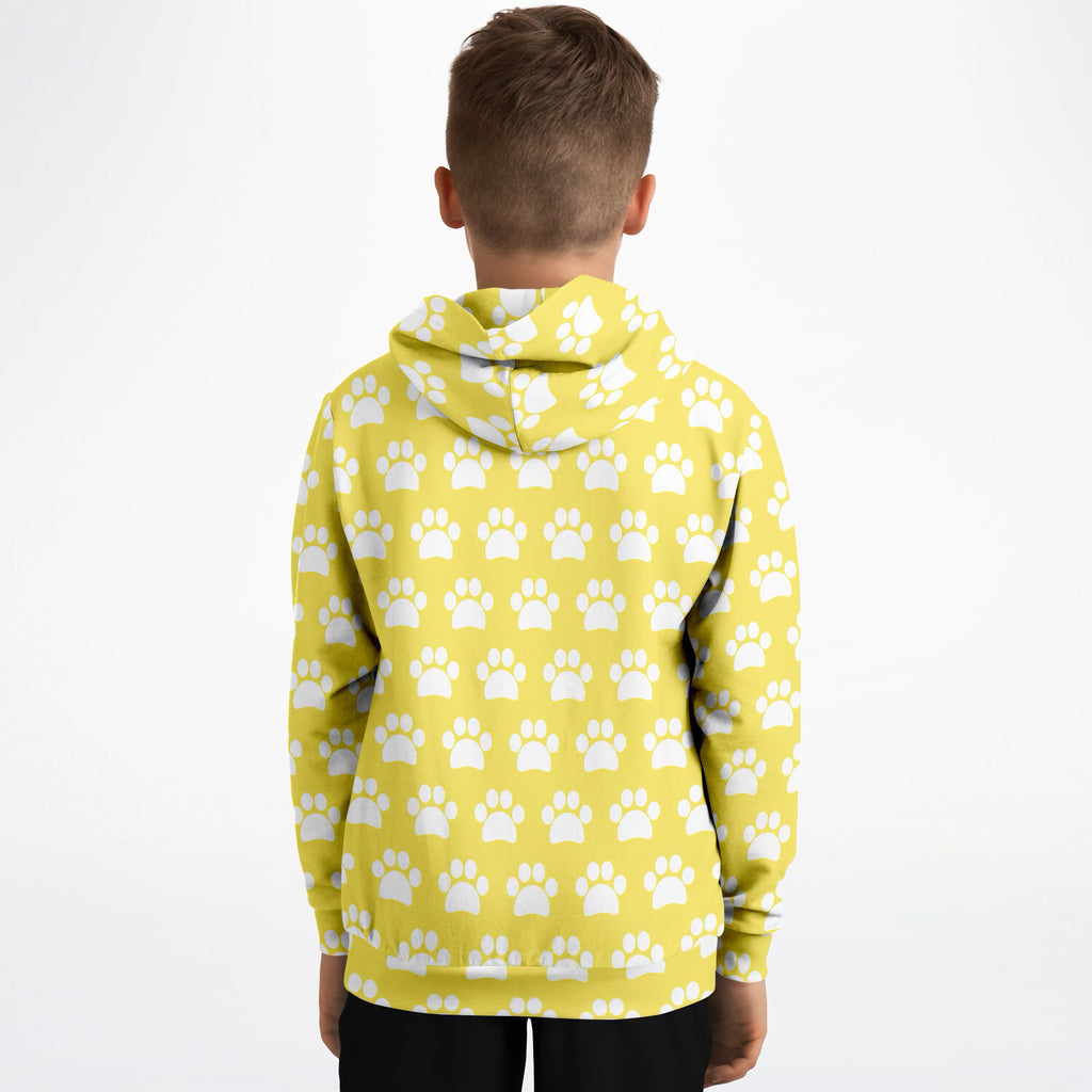 Kids Yellow Paw Print Hoodie – Ultra Comfy & Stretchy, Cozy Fleece or Lightweight Sports Fabric, Double-Layer Hood & Kangaroo Pocket
