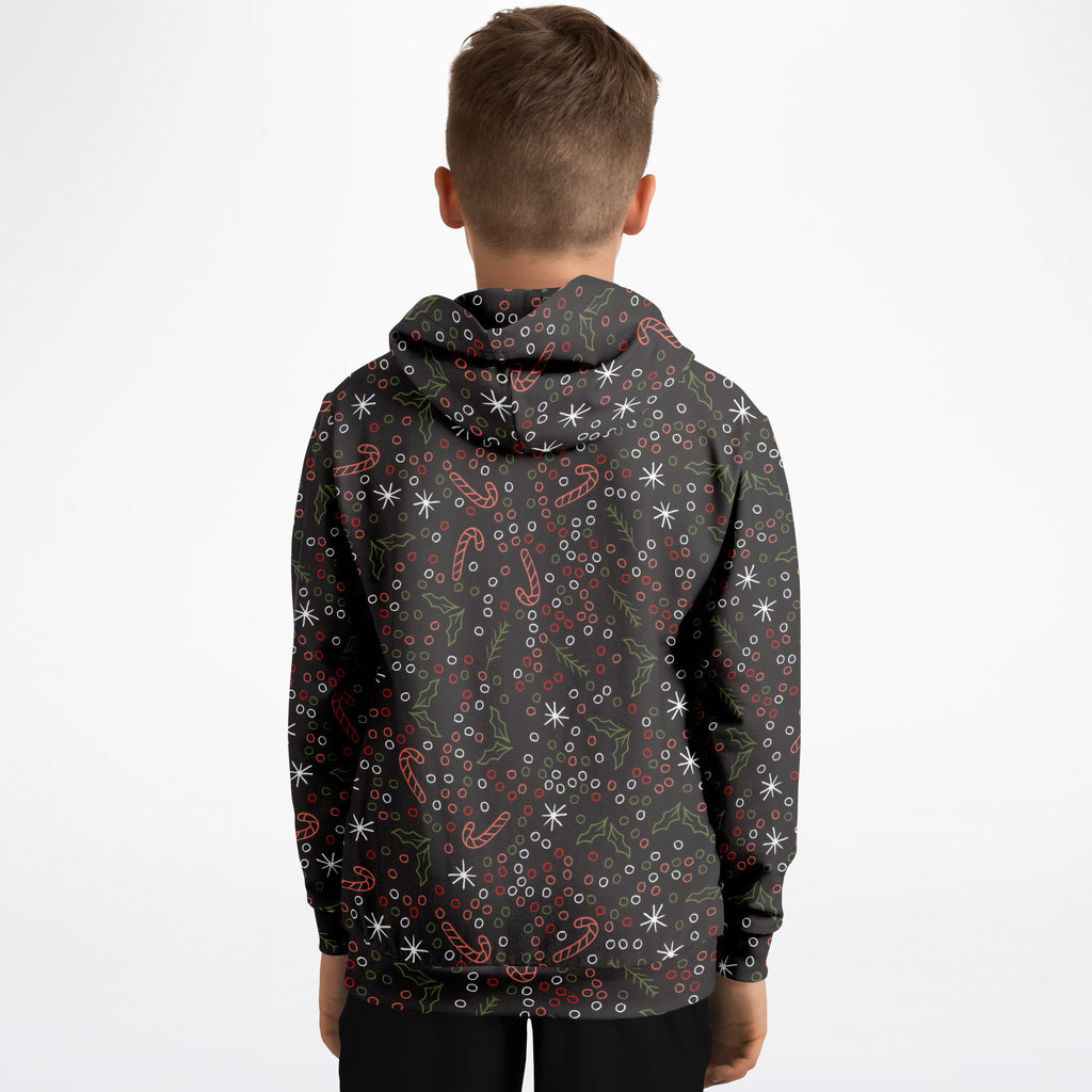 Kids Dark Brown Christmas Candy Cane Hoodie – Ultra Comfy & Stretchy, Cozy Fleece or Lightweight Sports Fabric, Double-Layer Hood & Kangaroo Pocket