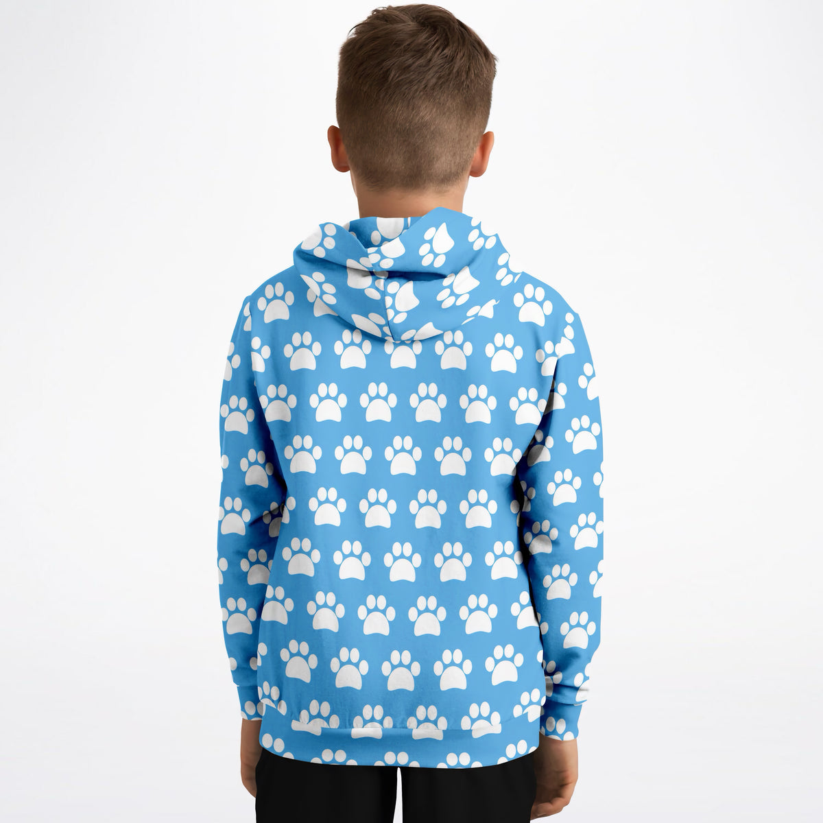 Kids Sky Blue Paw Print Hoodie – Ultra Comfy & Stretchy, Cozy Fleece or Lightweight Sports Fabric, Double-Layer Hood & Kangaroo Pocket