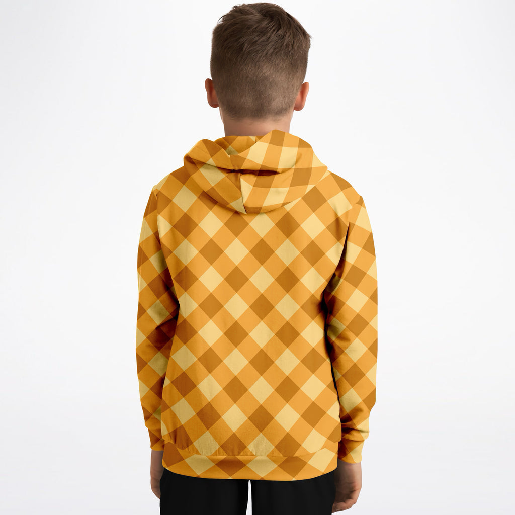 Kids Orange Gingham Checkered Hoodie – Ultra Comfy & Stretchy, Cozy Fleece or Lightweight Sports Fabric, Double-Layer Hood & Kangaroo Pocket