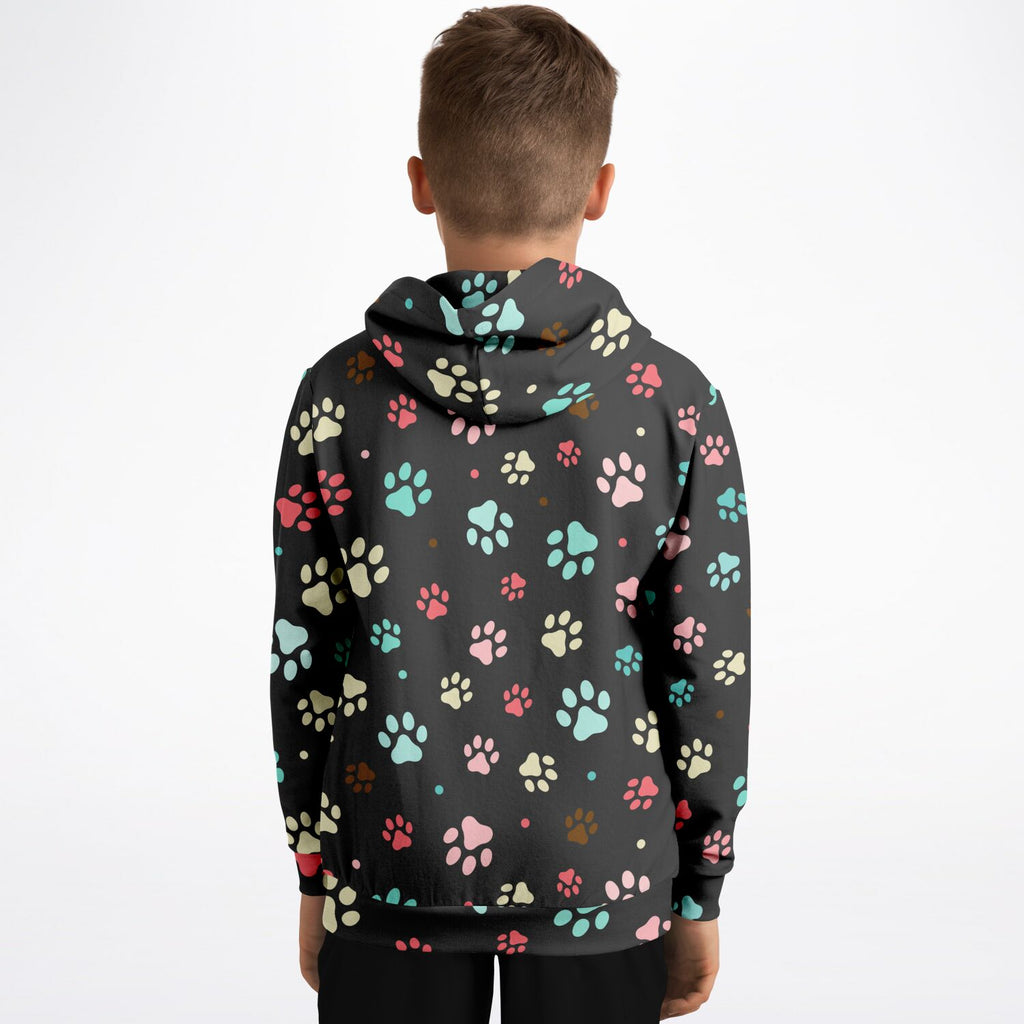 Black kids paw print hoodie with multicolored paw prints in cozy cotton fleece or lightweight sports fabric