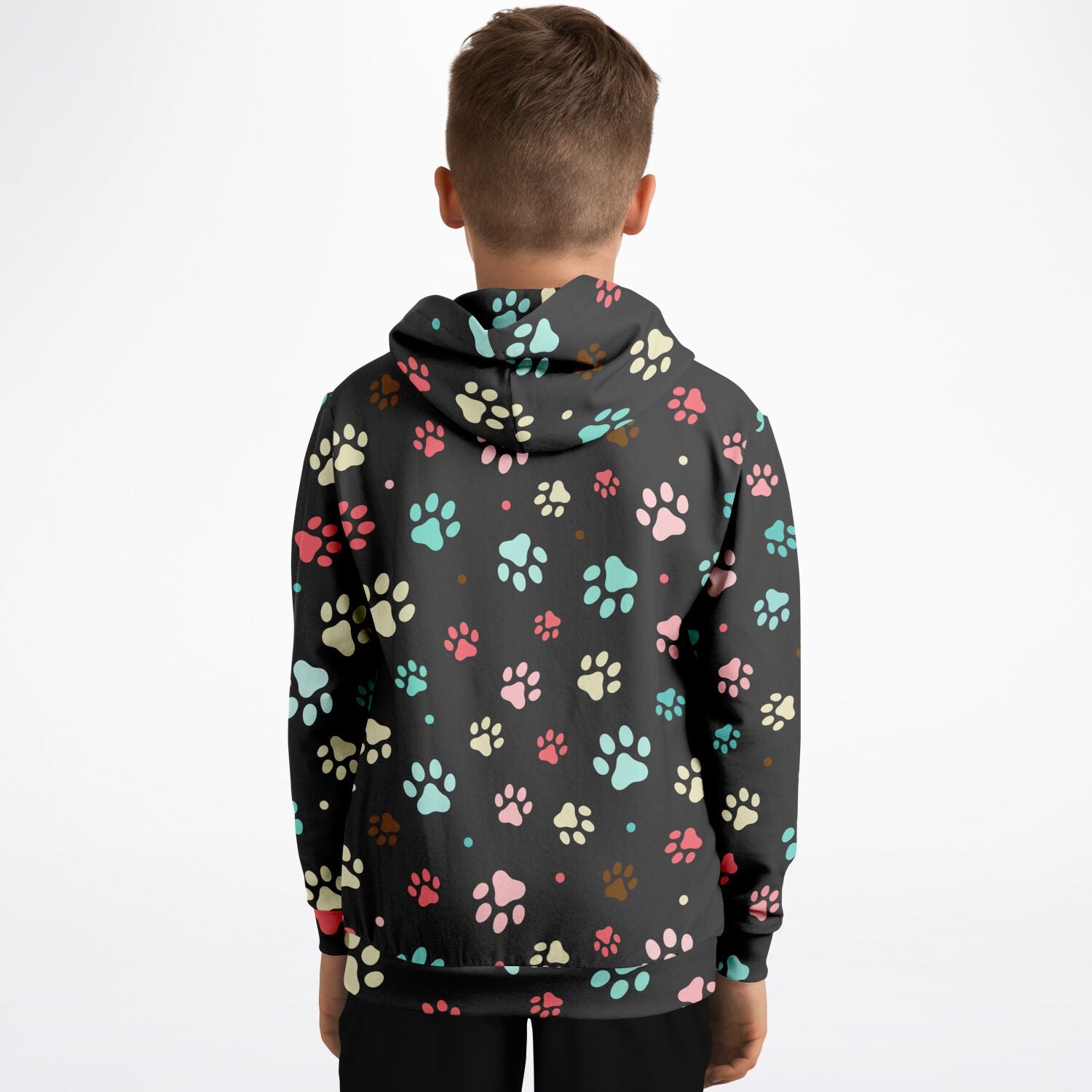 Black kids paw print hoodie with multicolored paw prints in cozy cotton fleece or lightweight sports fabric