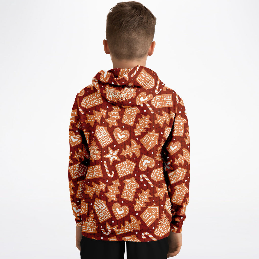 Kids Red Gingerbread Cookies Christmas Hoodie – Ultra Comfy & Stretchy, Cozy Fleece or Lightweight Sports Fabric, Double-Layer Hood & Kangaroo Pocket