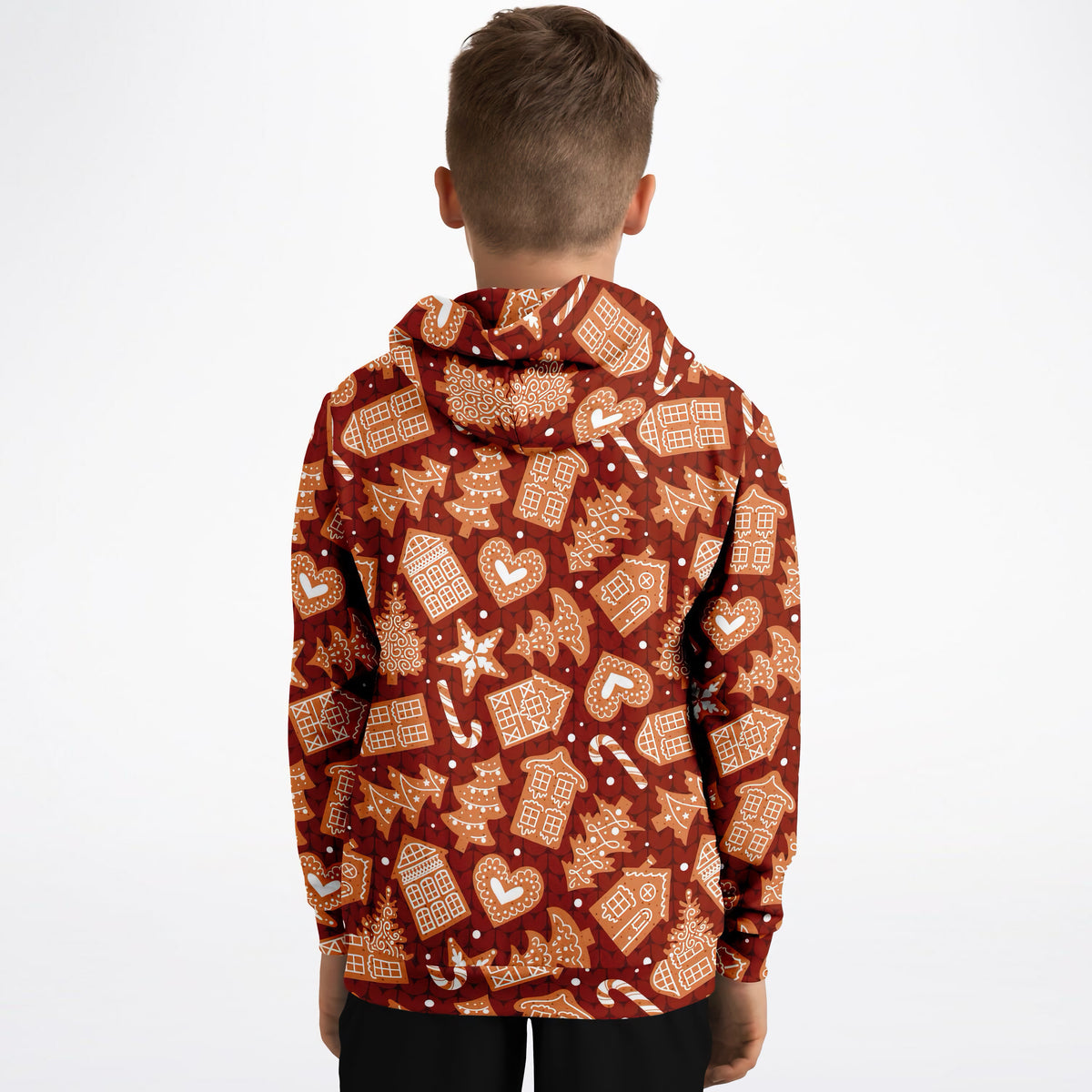 Kids Red Gingerbread Cookies Christmas Hoodie – Ultra Comfy & Stretchy, Cozy Fleece or Lightweight Sports Fabric, Double-Layer Hood & Kangaroo Pocket